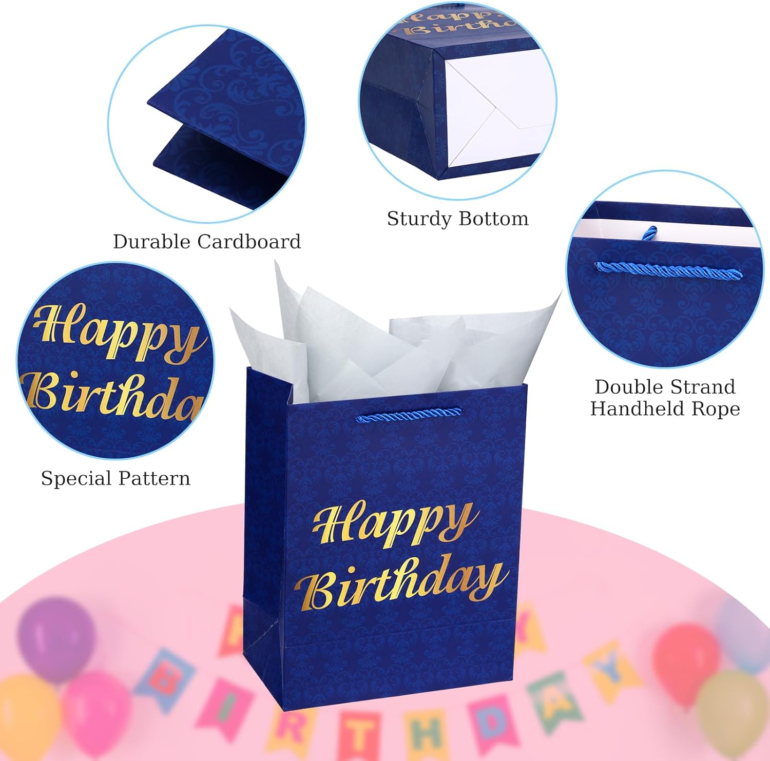 Bolsas de regalo de cumpleaños medianas de 9 pulgadas con papel de seda y tarjetas, paquete de 4 bolsas de regalo azules con asas para fiesta de
