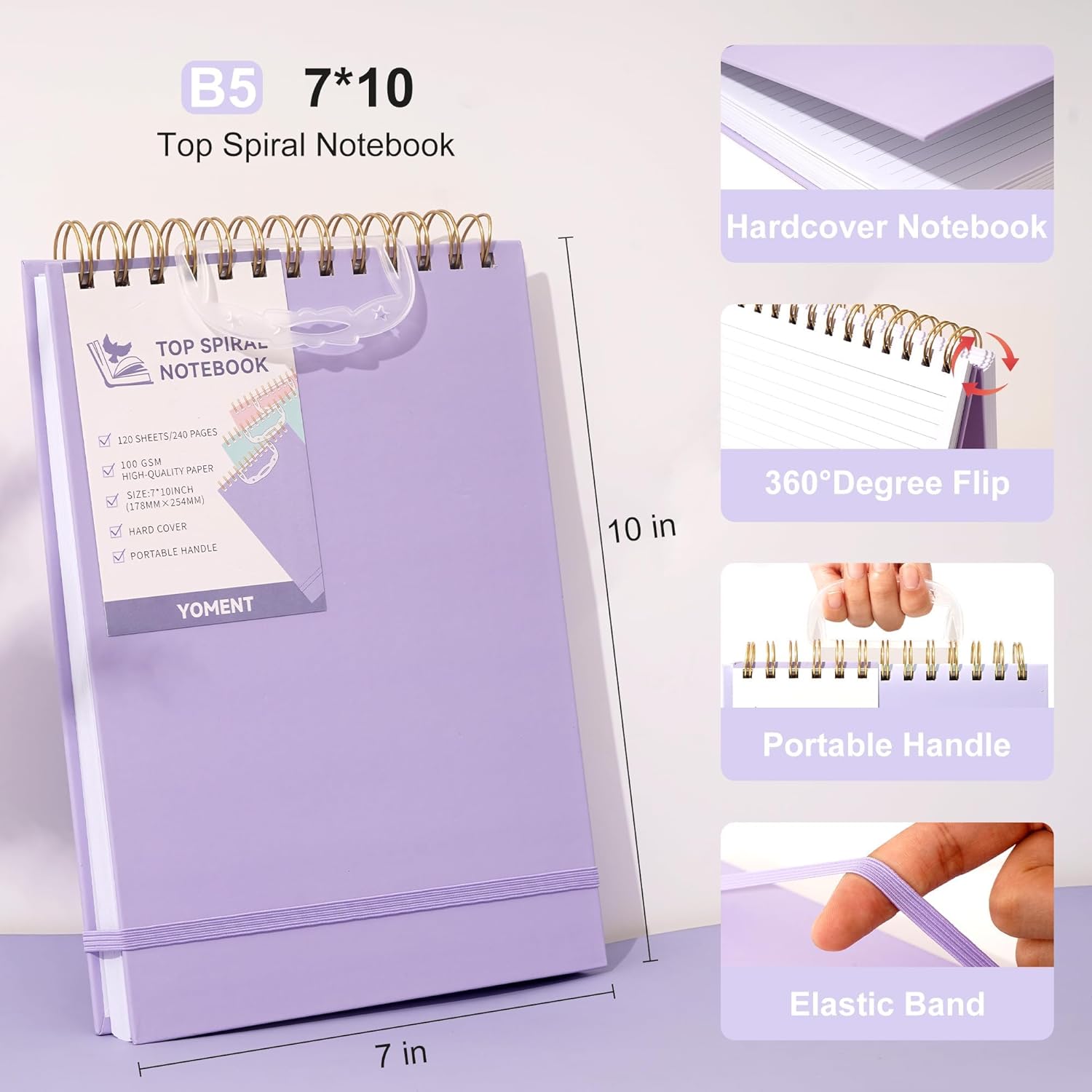 Yoment Top – Cuadernos de espiral de tapa dura, cuaderno grande con rayas de 7 x 10 pulgadas, 240 páginas rayadas, cuadernos en espiral para zurdos,