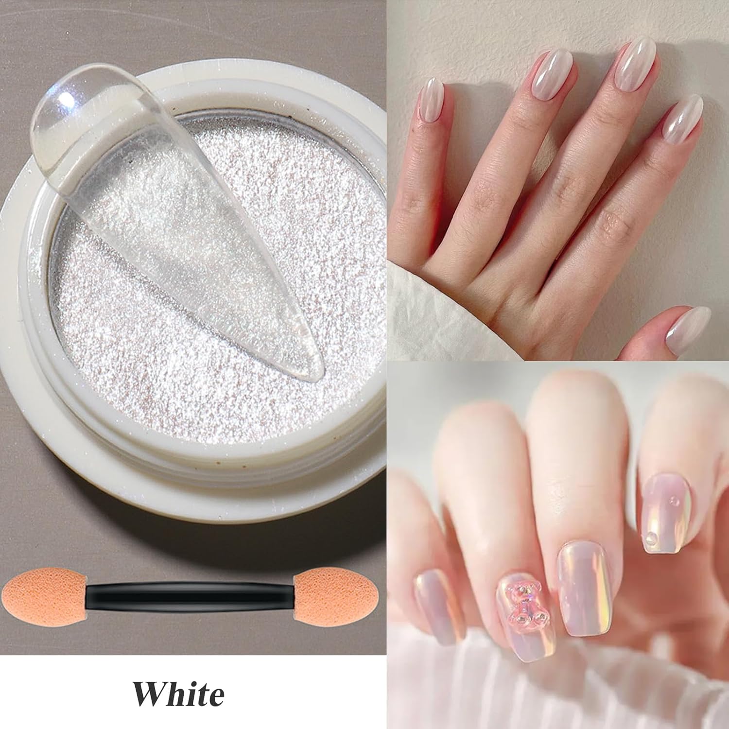 GoLashFun Polvo de uñas cromado y perla blanca,Aurora Nail Mermaid Powder Daily Charm,Polvo de efecto espejo mágico para uñas, decoración de salón