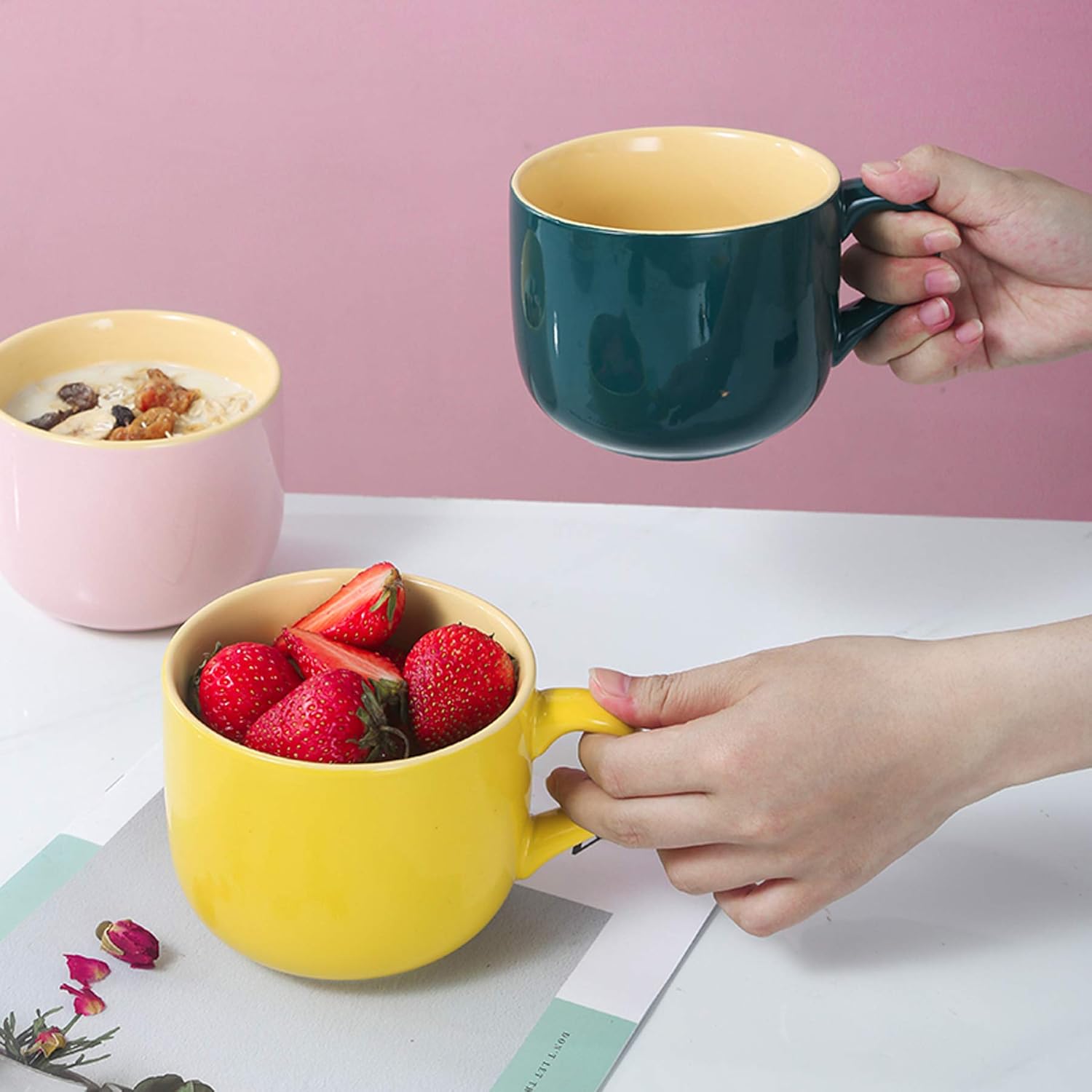 TeenFighter Tazas de avena grandes de porcelana, 23 onzas (23.0 fl oz) de ancho, juego de 4, taza de desayuno y tazón de sopa, aptas para microondas