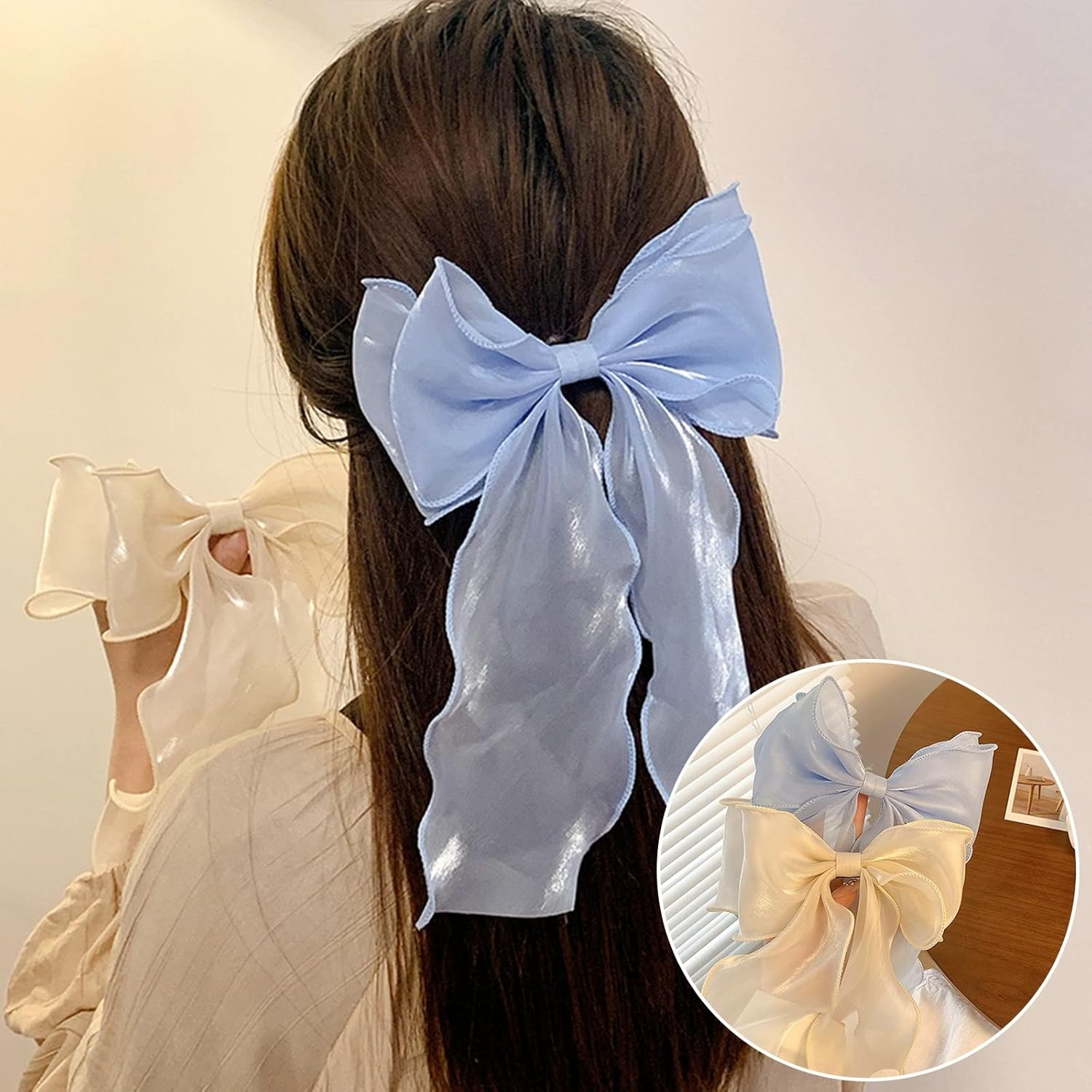 papasgix Pinzas para el pelo para mujer, cintas para el cabello, pinzas para el pelo grandes, color sólido, cinta larga de seda, lazo para el