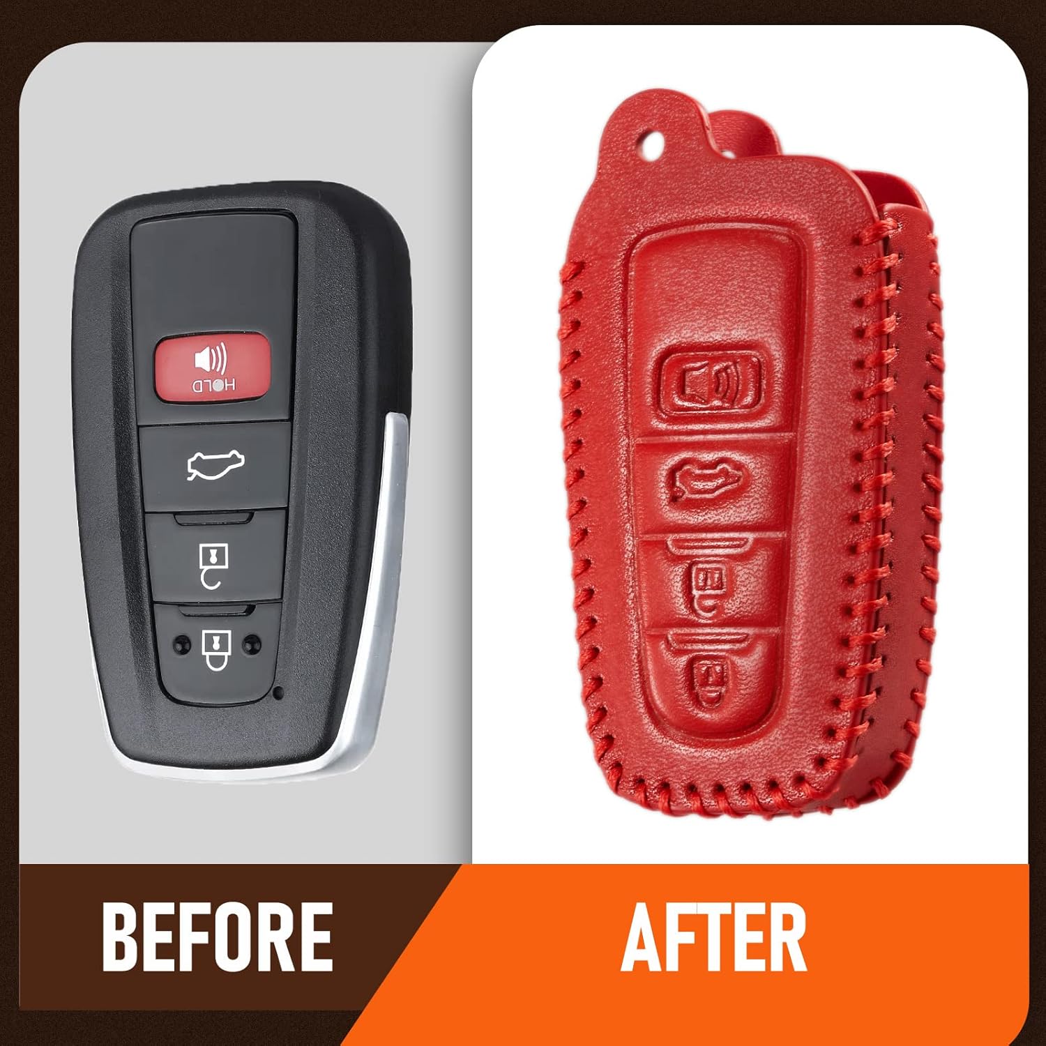 Funda de cuero para llavero de Toyota para Camry 4 botones, funda de cuero+anillo en D+gancho Futi, Rojo –