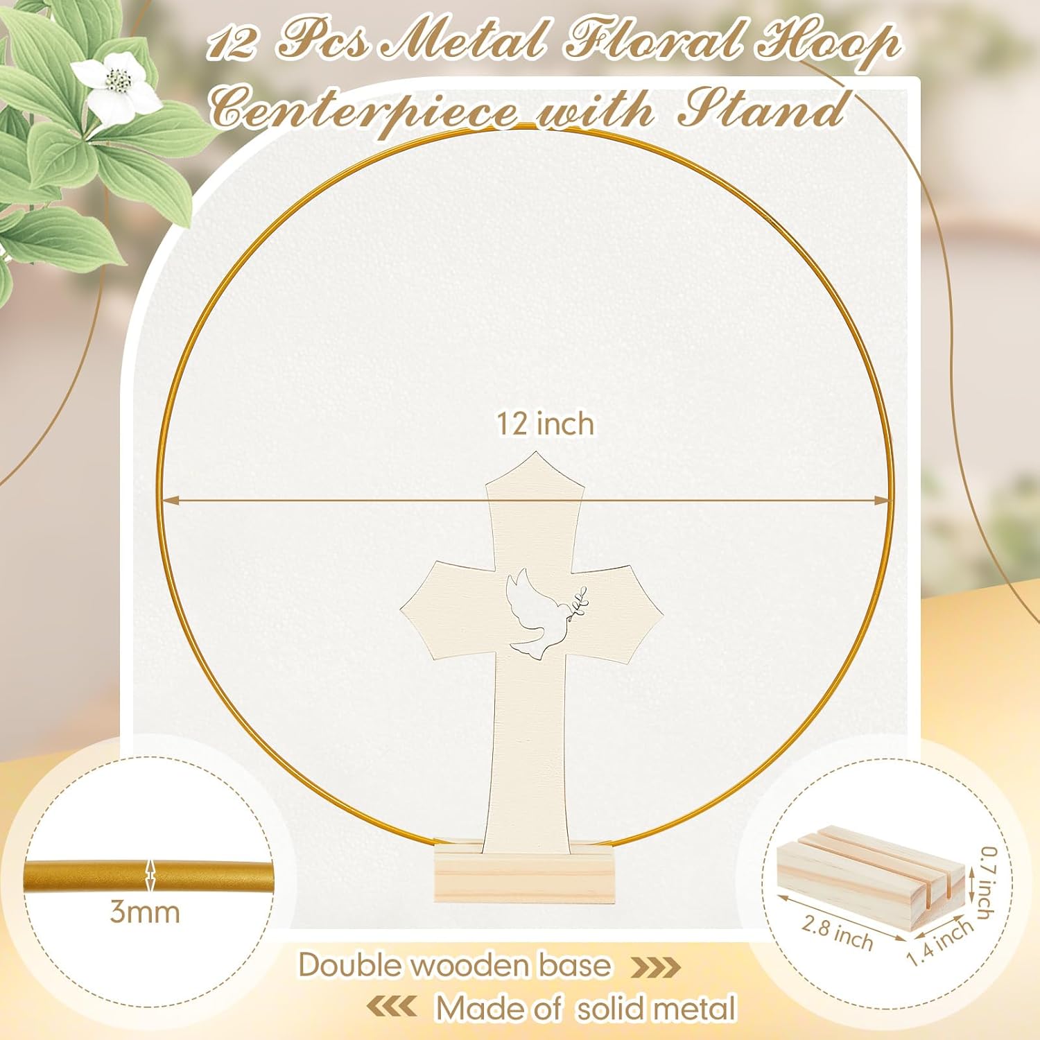 24 centros de mesa de bautismo para mesas, 12 cruces de madera para manualidades, 12 centros de mesa de aro floral de metal con soporte, centros de