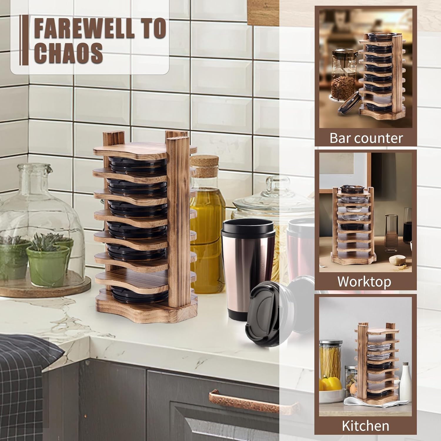 Organizador de tapa de vaso para armarios de cocina, estante de almacenamiento de tapa de vaso de madera con soporte de 8 niveles, organizador