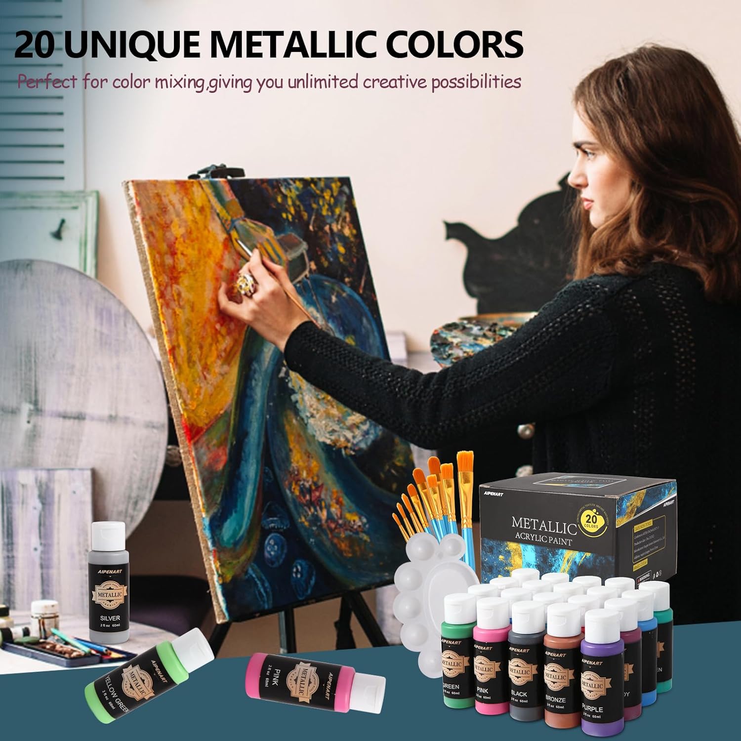 Juego de pintura acrílica metálica con 10 pinceles y 1 paleta, 20 colores (2.0 fl oz, 2 onzas), pinturas no tóxicas para adultos, artistas,