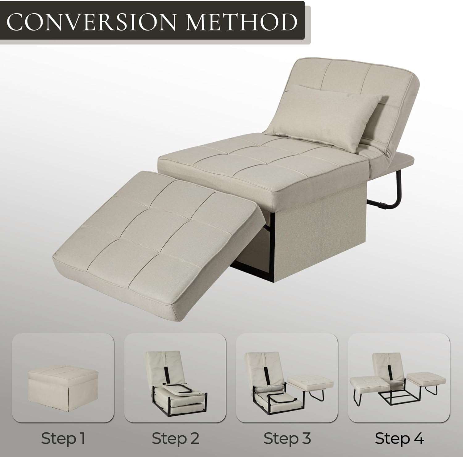 Sofá cama plegable, otomana convertible multifunción 4 en 1, silla de sofá sin montaje con respaldo y almohada ajustables, color beige