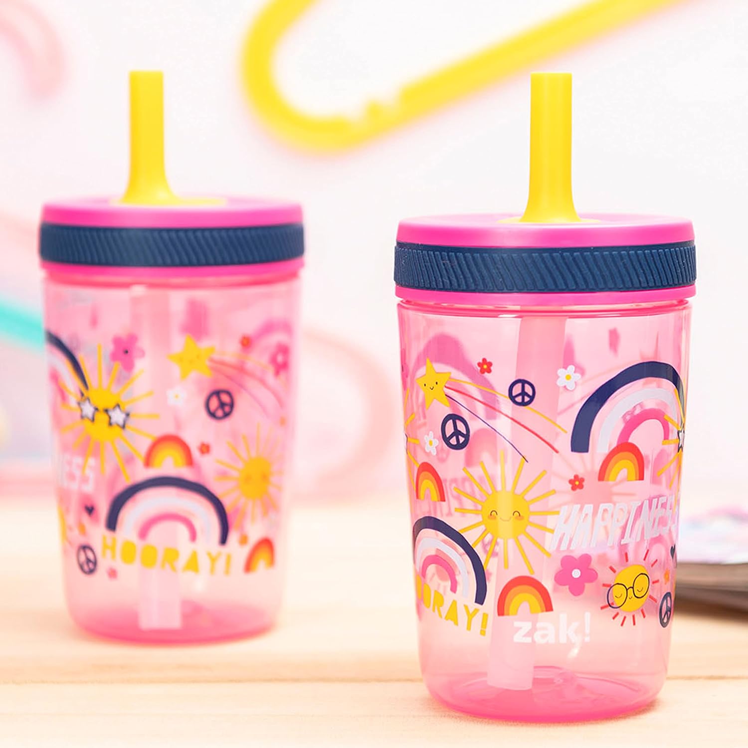 Zak Designs Kelso – Juego de vasos de 15 onzas, (Starpower) sin BPA a prueba de fugas con tapa de rosca con pajilla, hecho de plástico duradero y