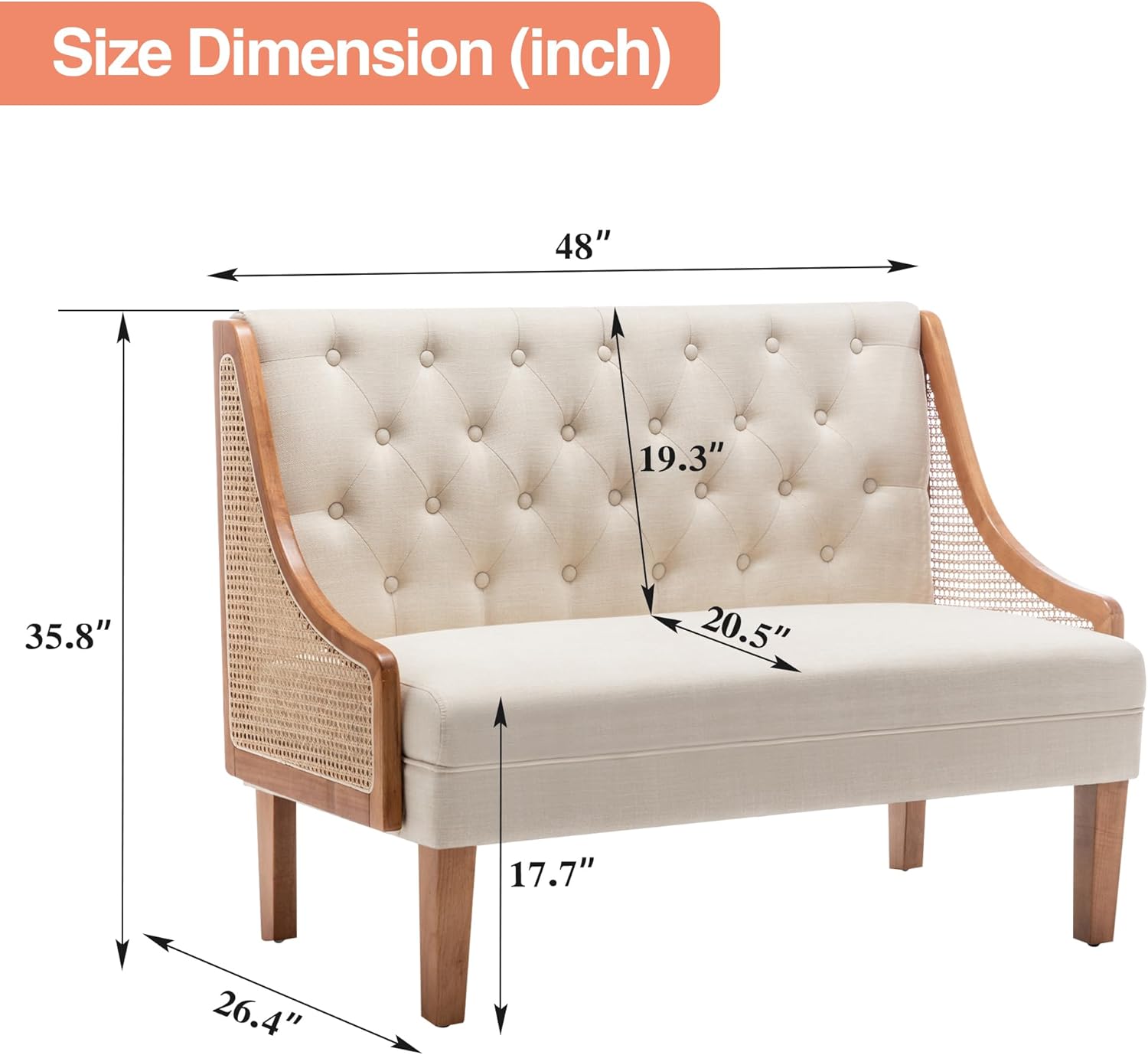 Yongqiang Sofá moderno con respaldo pequeño de dos plazas tapizado de ratán para cocina, comedor, sala de estar, mini sofá copetudo con botones de