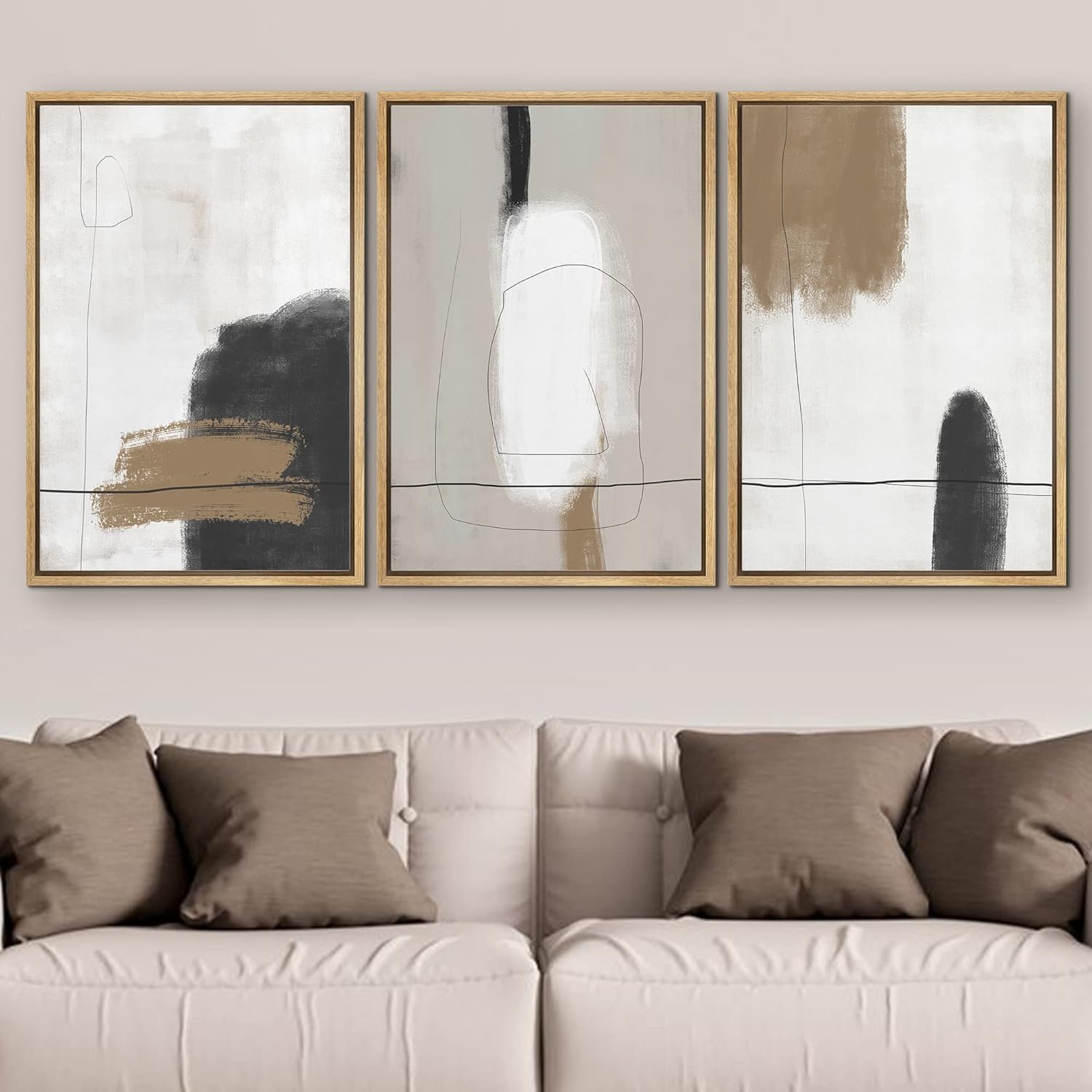 SIGNFORD – Juego de 3 lienzos enmarcados para pared, grunge, marrón y blanco, formas abstractas, moderno, bohemio, nórdico, relajante, para sala de