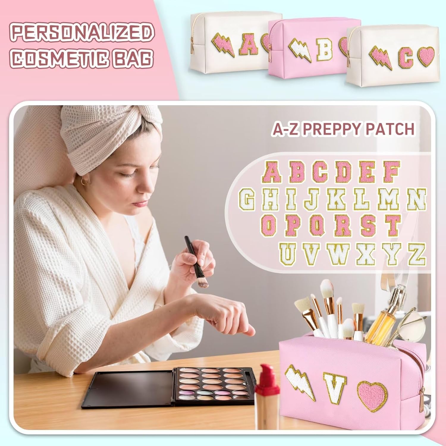 Bolsa de maquillaje preppy con inicial, regalo personalizado para mujeres, Rosado, Small (3