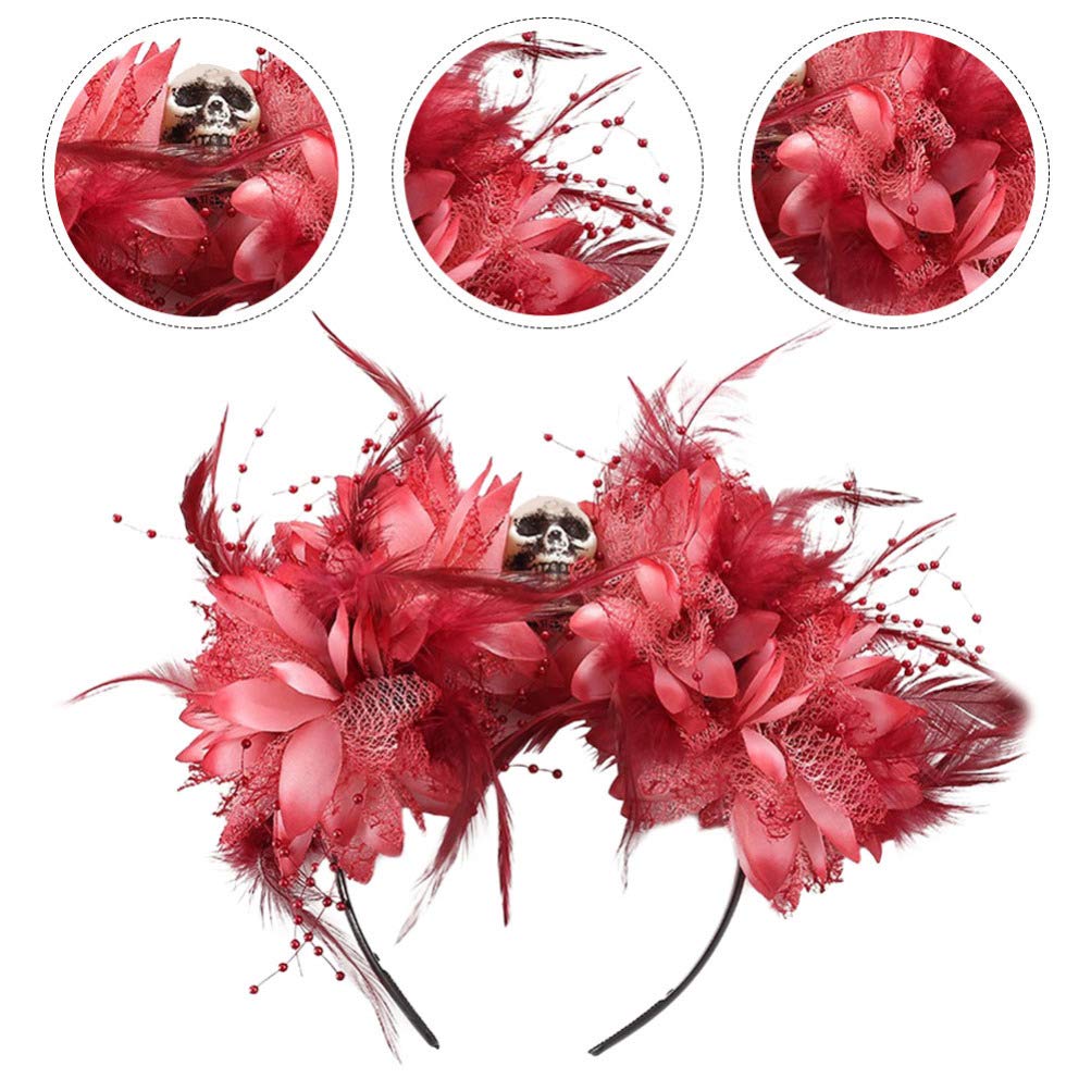 Lurrose Diademas para disfraz de Halloween, diseño de calavera y plumas de flores, corona de flores mexicanas, Dia de Los Muertos, diadema de rosas