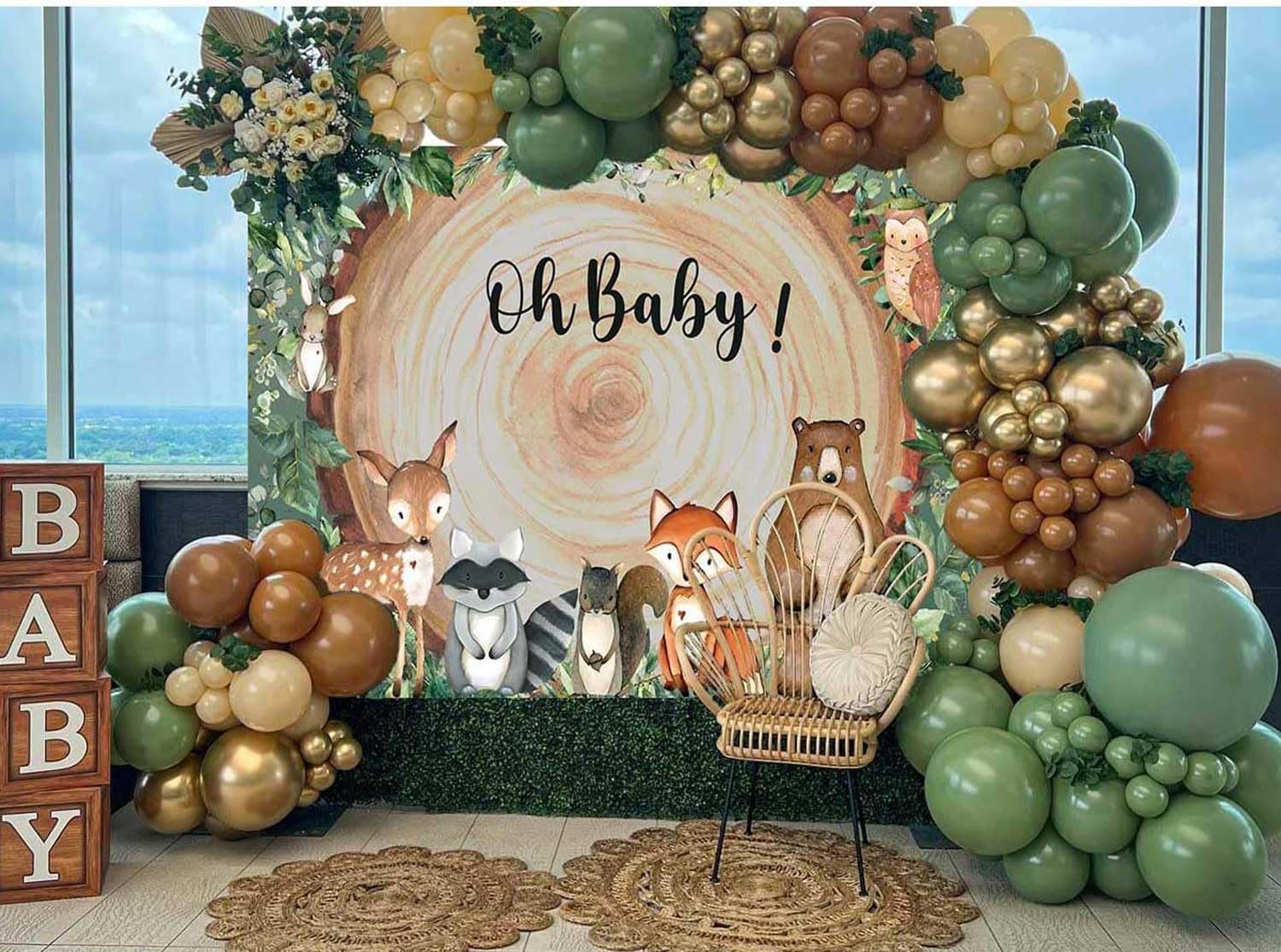 Decoración de baby shower de bosque, 1 telón de fondo de animales del bosque, 4 piezas, caja de grano de madera con letra de bebé, 115 piezas, verde