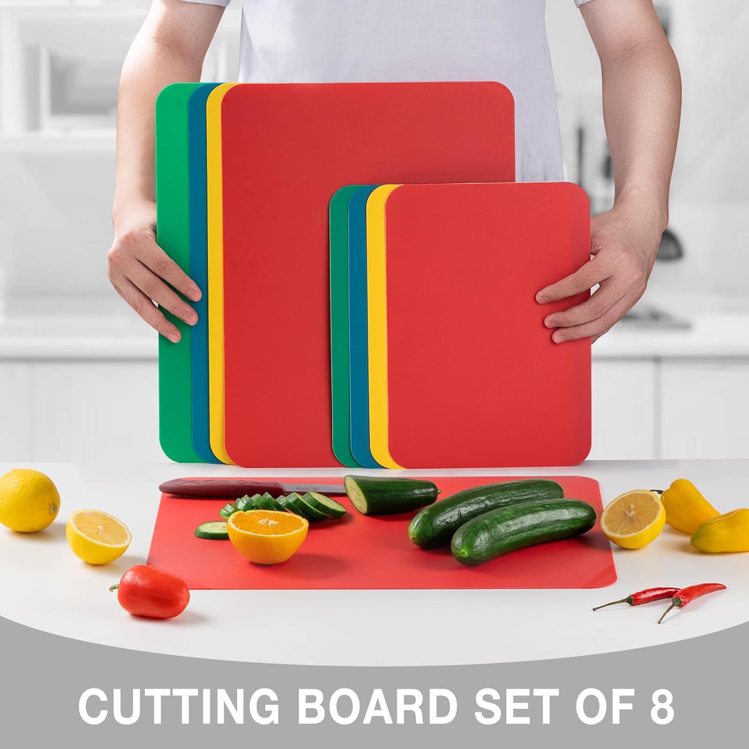 Juego de 8 tablas de cortar de plástico para cocina, sin BPA, alfombrillas de corte flexibles para carne y verduras, 4 grandes y 4 pequeñas,