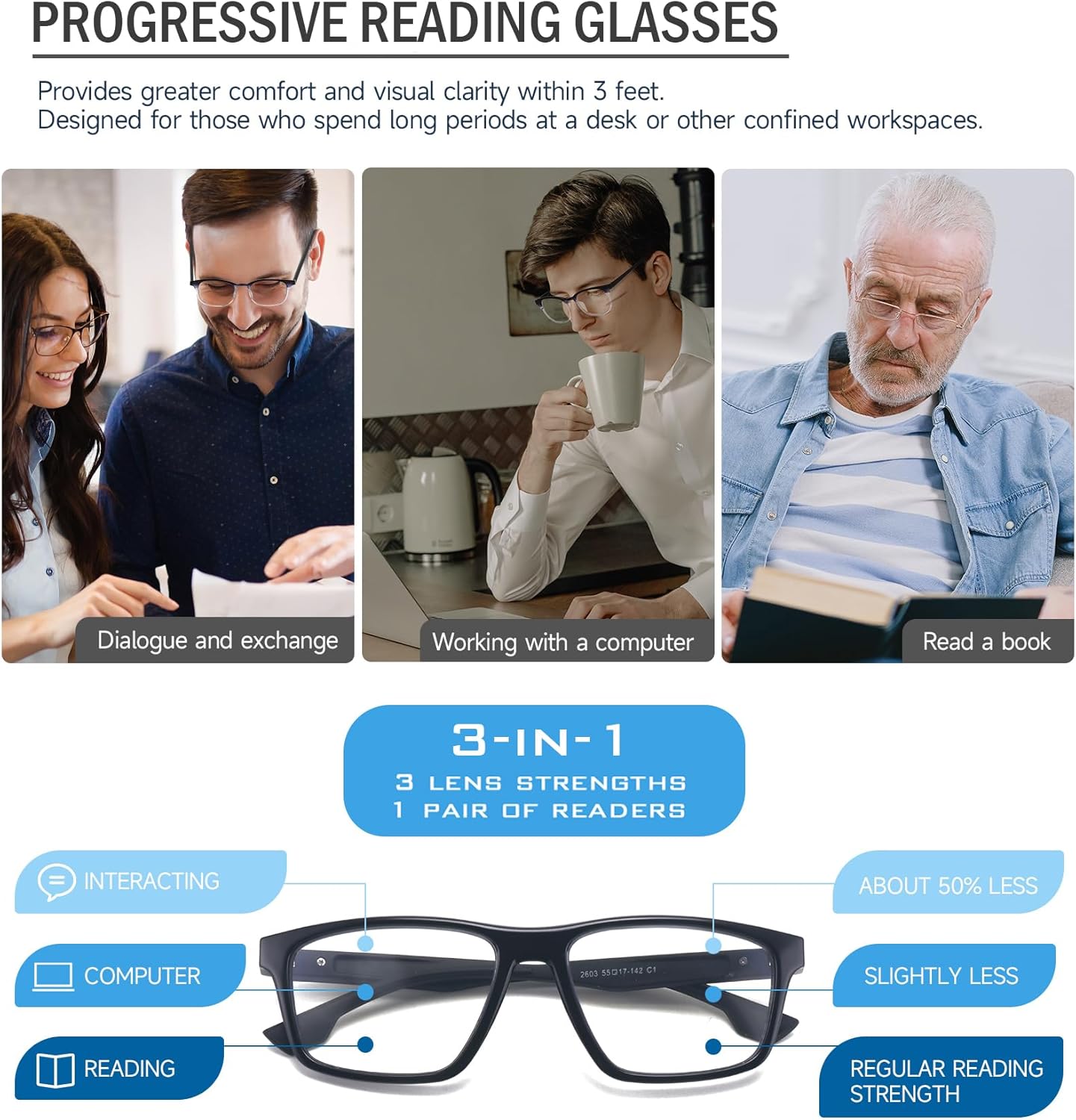 Paquete de 2 lentes de lectura progresivos de alta calidad para hombres, marco TR90, lectores multifocales, resistentes con bloqueo de luz azul,