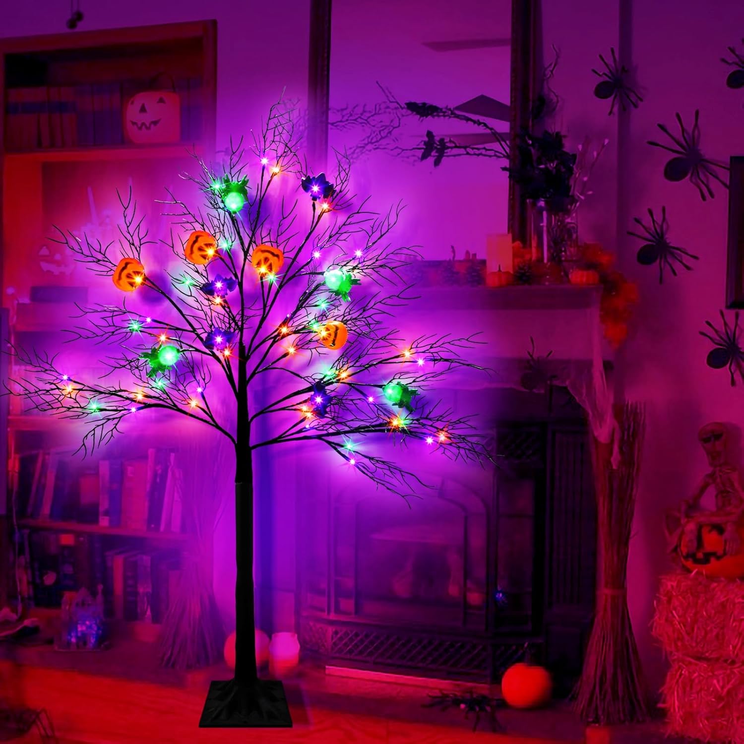 Decoración de árbol iluminado de Halloween de 4 pies, color naranja y morado con 8 modos, 56 LED con iluminación 3D, 12 calabazas, murciélagos y