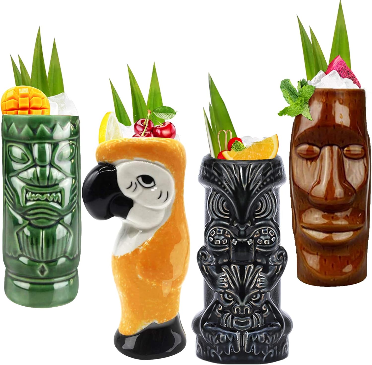 Tiki Mugs – Juego de 4 tazas de cóctel de cerámica hawaiana Luau para fiesta, vasos de cóctel exóticos, Tiki Bar profesional hawaiano para fiestas,