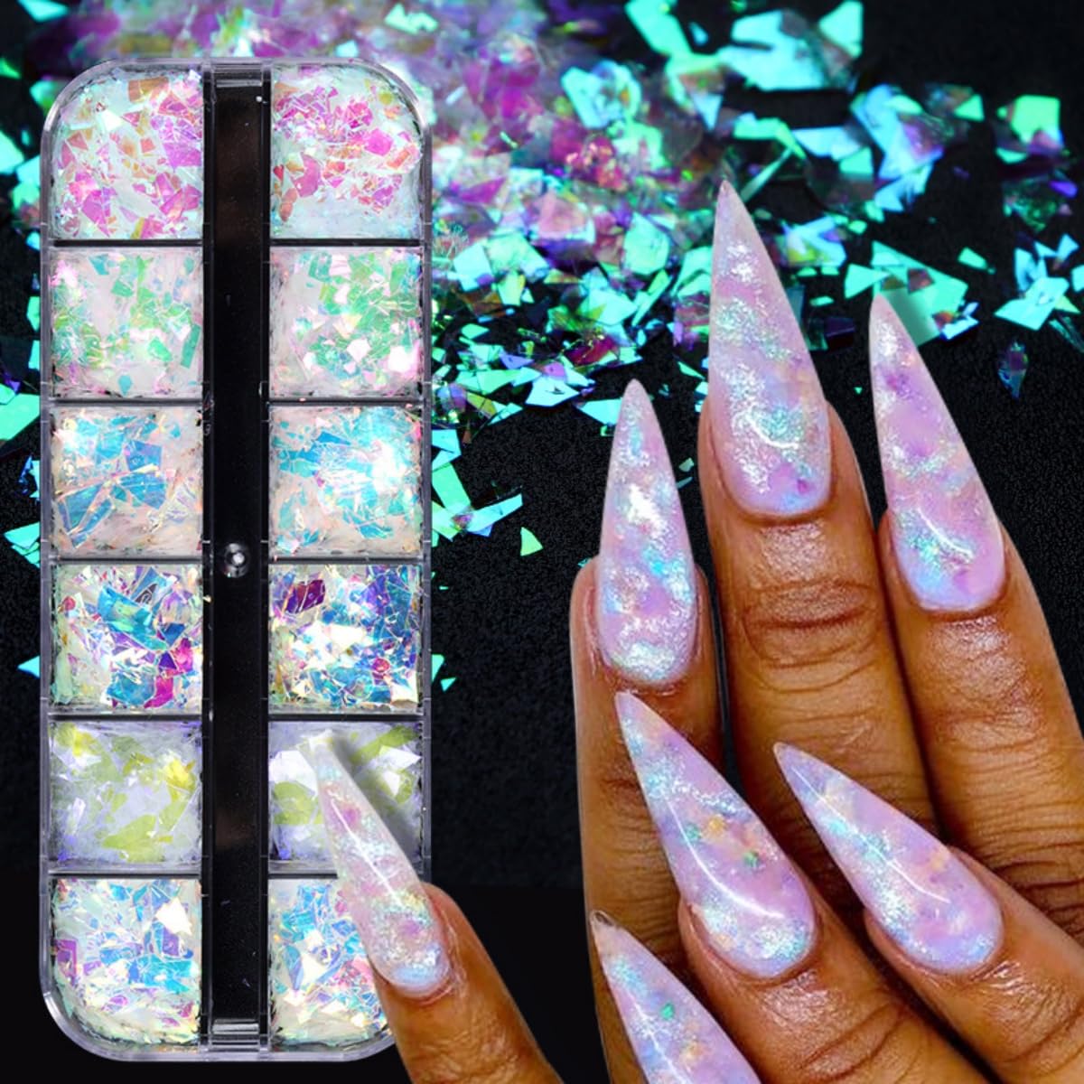 Decoración holográfica de sirena para uñas con lentejuelas iridiscentes con purpurina, 2 cajas brillantes de escoria de hielo brillante y