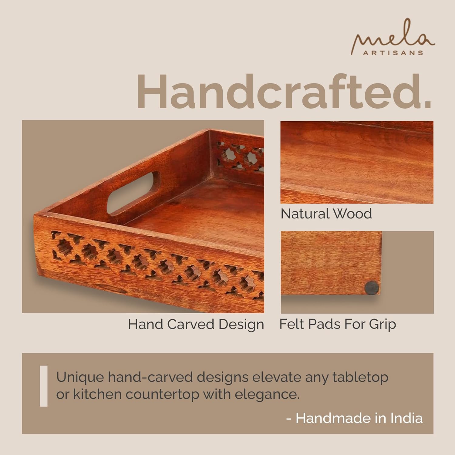 Bandejas decorativas de madera pulida mediana con asas, bandeja de granja “Trellis para mesa auxiliar” – Bandeja de madera para servir en la cama –