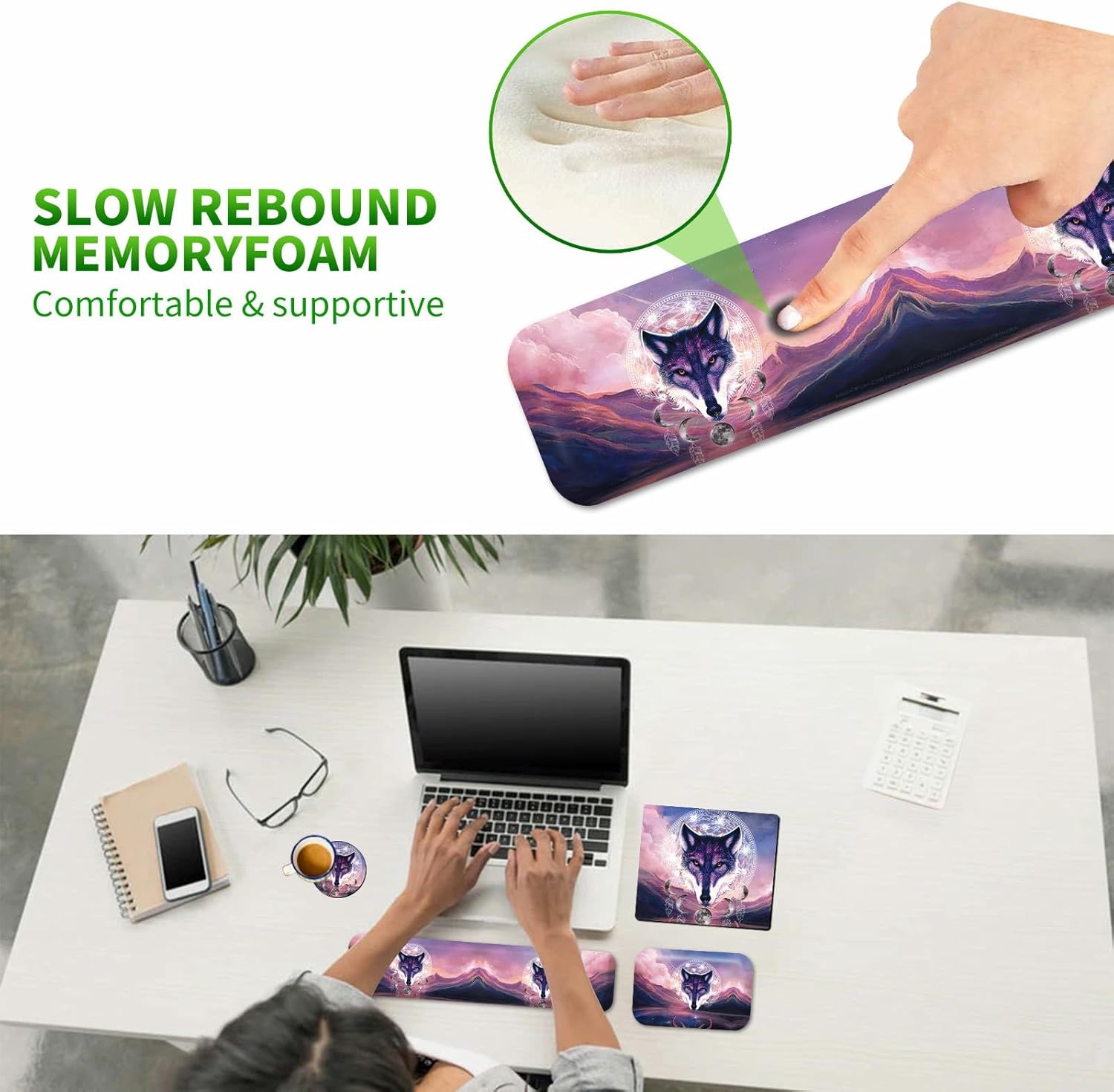 Almohadilla de teclado con soporte de muñeca con posavasos para mujeres y hombres, reposabrazos para escritorio con espuma viscoelástica de gel para