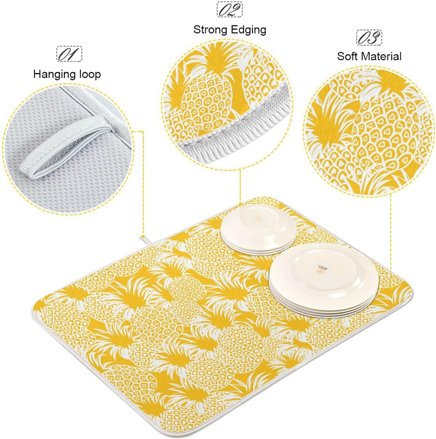Tapete de secado de platos hawaiano tropical de piña amarilla brillante, lavable, absorbente, escurridor de platos, para encimera de cocina, tapete