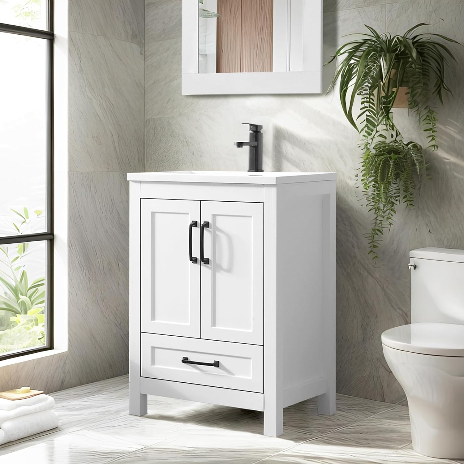 eclife Juego combinado de tocadores de baño de 24 pulgadas con lavabo, fregadero de cerámica empotrado con madera gruesa, grifo negro mate,