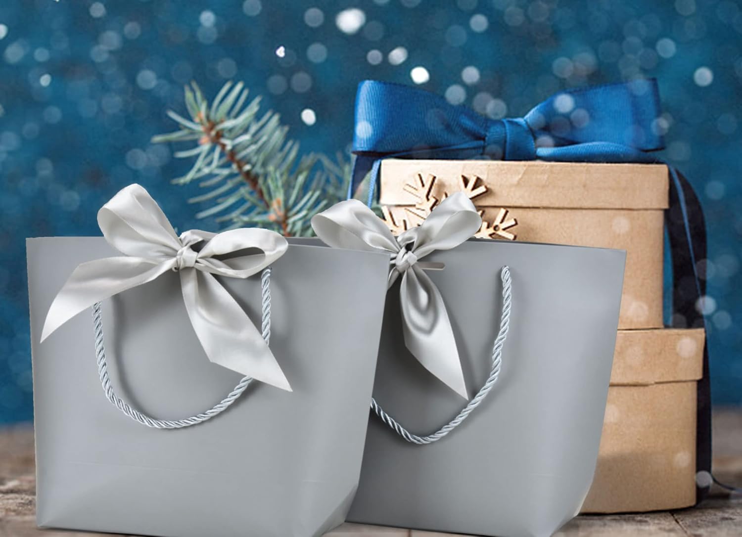 HUAPRINT Bolsas de regalo con asas, bolsas de recuerdo de fiesta con cinta de lazo, 12 bolsas de papel gris para cumpleaños, boda, dama de honor,