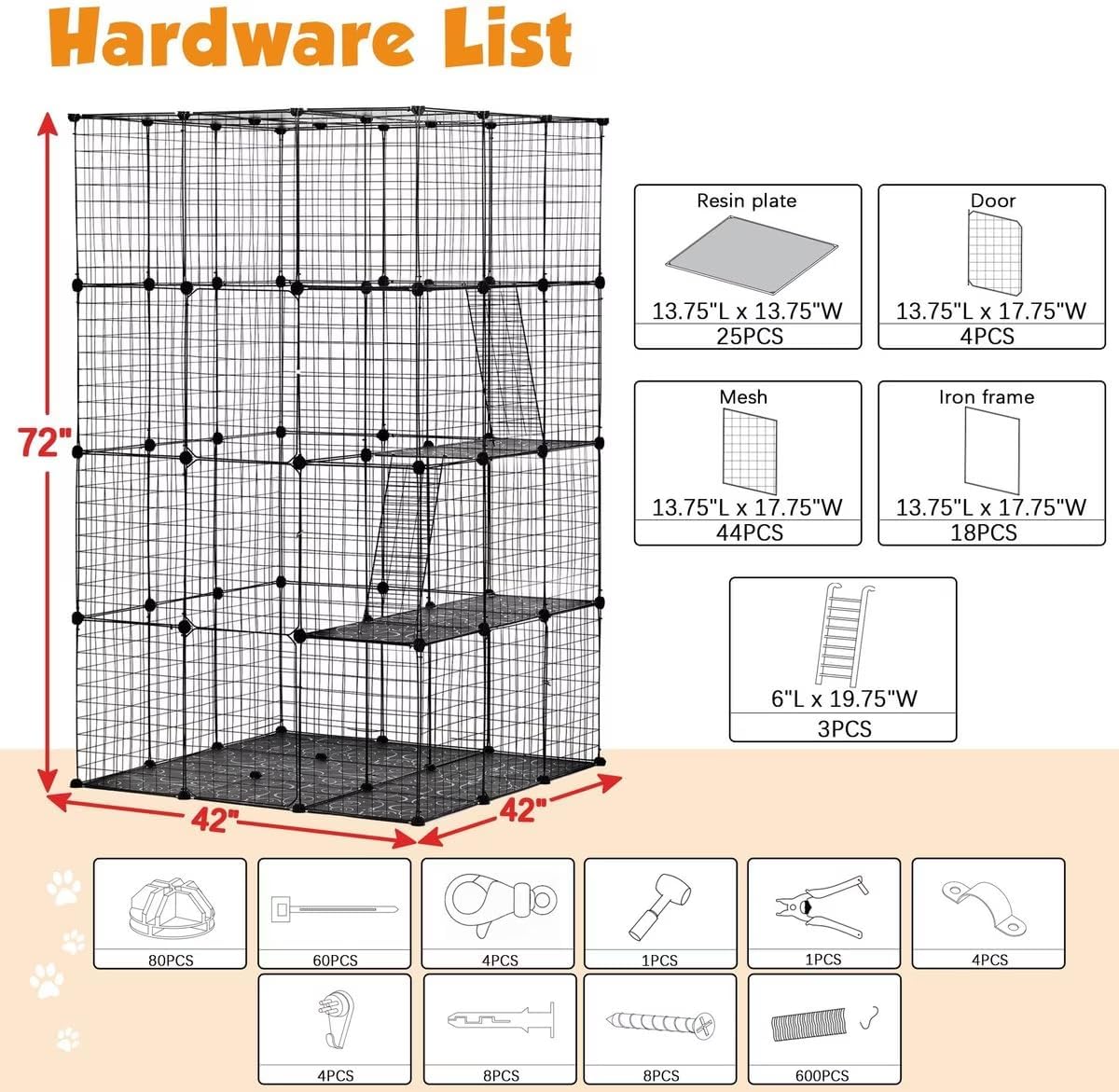 Jaula para gatos de 3 x 3 x 4 niveles, extra grande, para interiores, corralito de 42 x 42 x 72 pulgadas, jaula de alambre para mascotas con 3