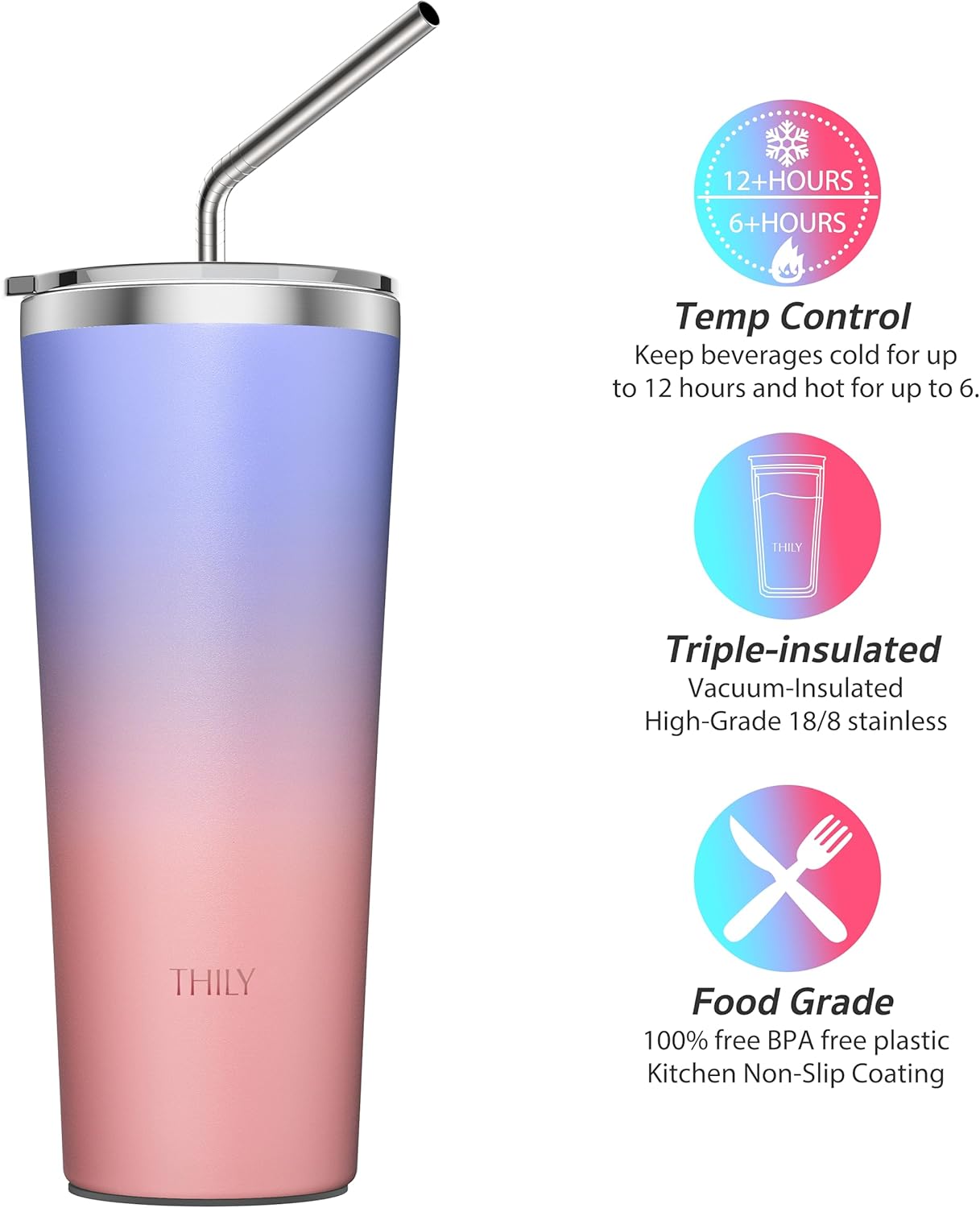 THILY Vaso de viaje de acero inoxidable aislado al vacío, taza de café de 26 onzas con 2 tapas y popotes, a prueba de salpicaduras, mantiene las
