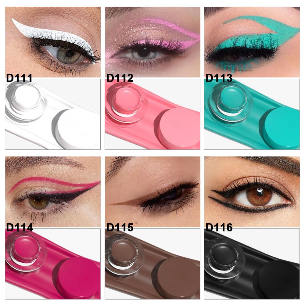 evpct Juego de 6 delineadores de ojos de gel blanco, rosa, cian, verde, rosa, rojo, marrón, negro, impermeable, a prueba de manchas, crema para