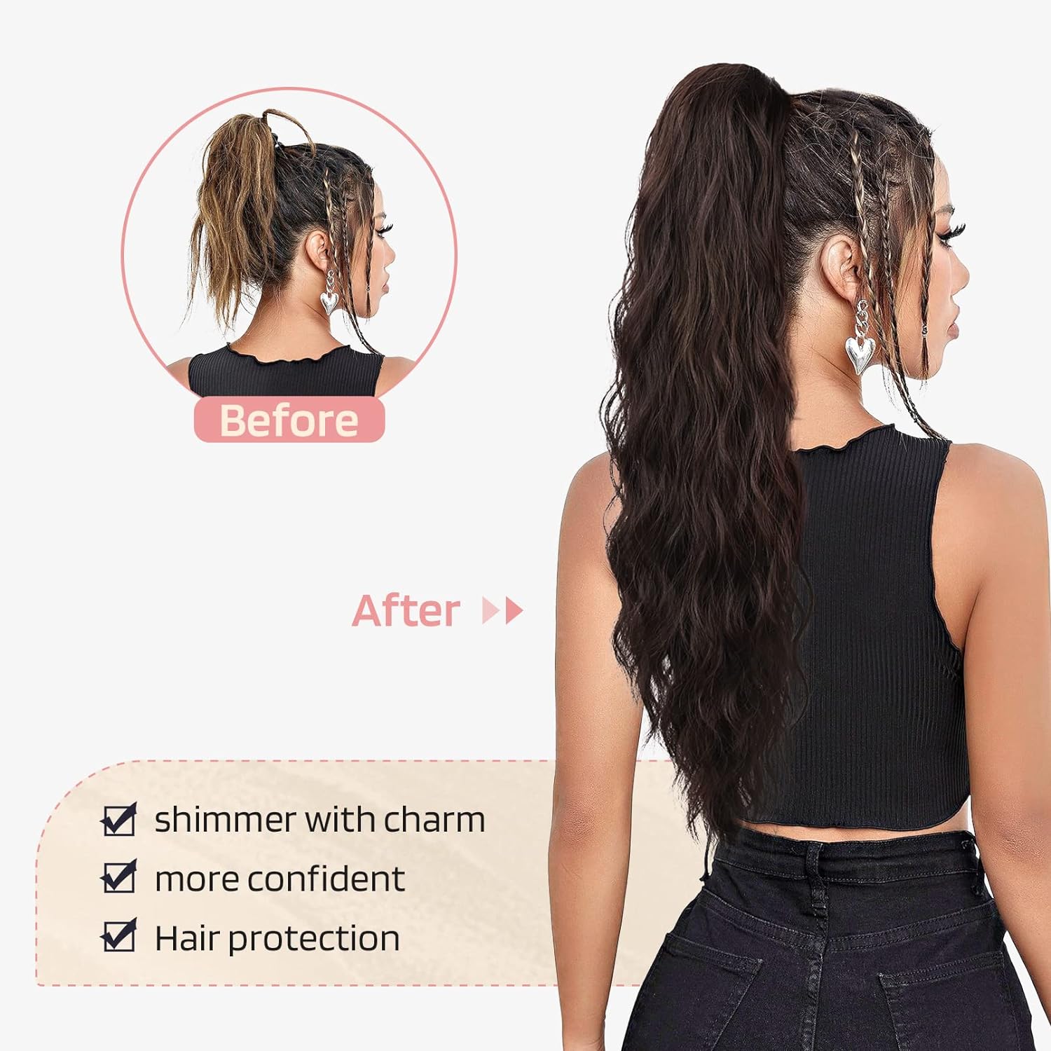 FLUFYMOOZ Extensión de cola de caballo, 22 pulgadas, extensiones de cabello sintético ondulado largo y rizado para mujer (22 pulgadas, marrón con