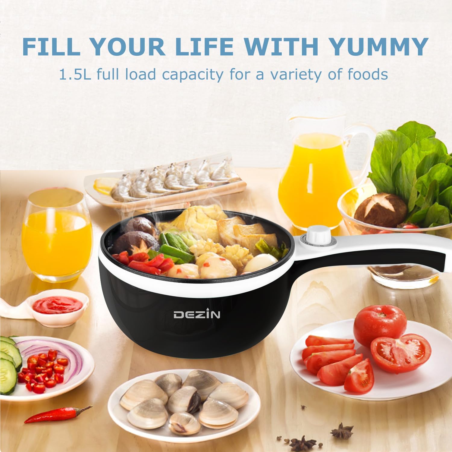 DEZIN Olla eléctrica mejorada, sartén antiadherente, olla eléctrica de fideos rápidos, mini olla caliente portátil de 1.5 litros para carne, huevo,