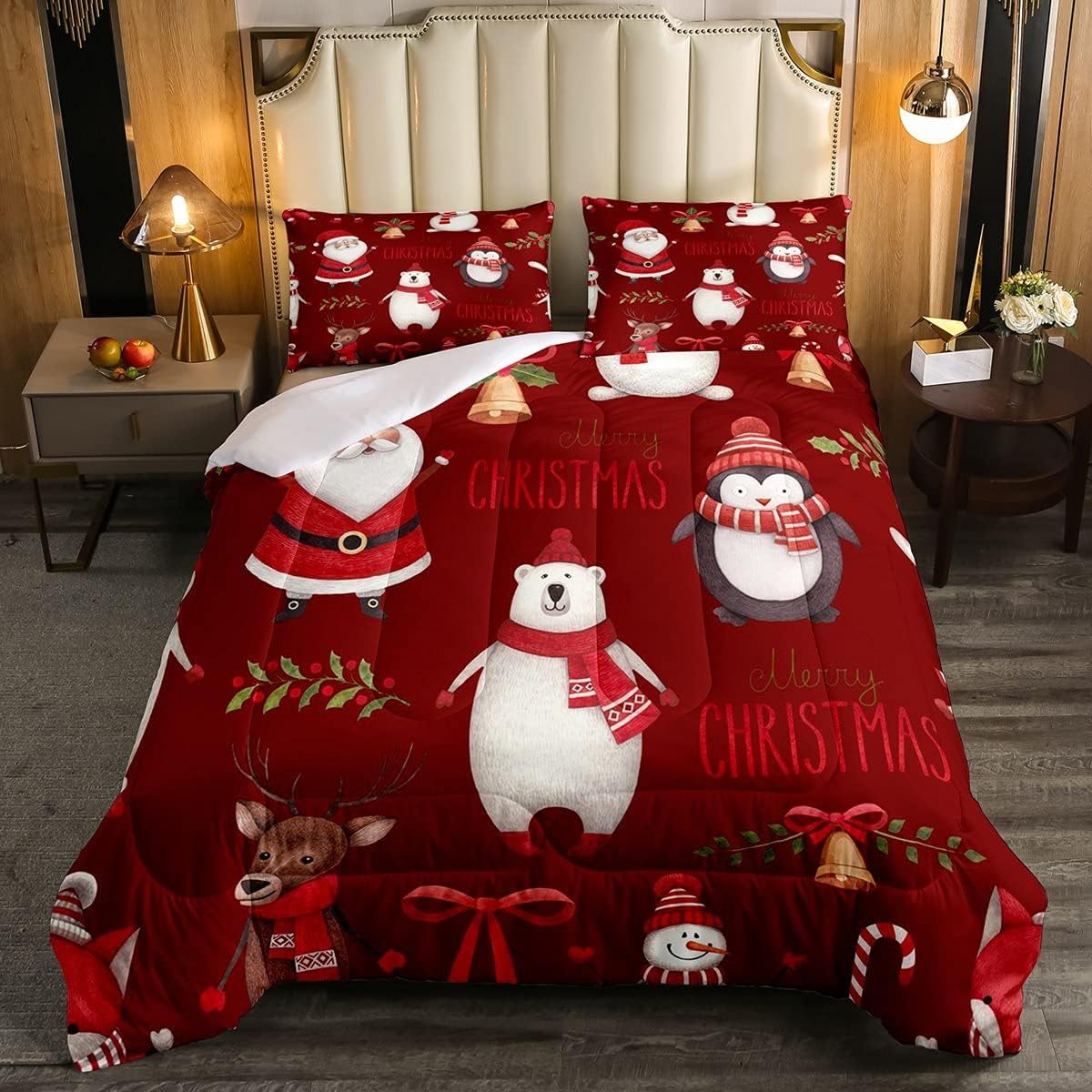 Erosebridal Juego de edredón de dibujos animados con ciervos y ciervos, juego de ropa de cama para niños, pingüino, muñeco de nieve, plumón de