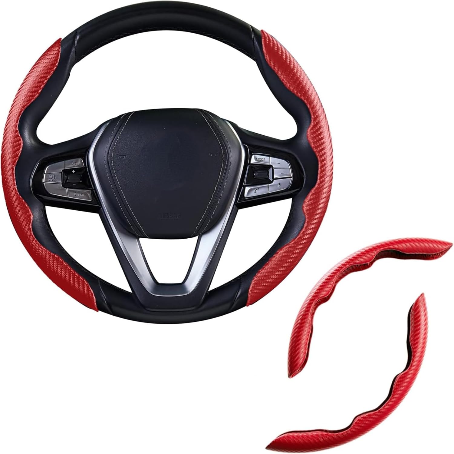 Funda para volante, funda de fibra de carbono para volante de automóvil, cubierta roja para volante. Agarre antideslizante, cómodo, duradero y fácil