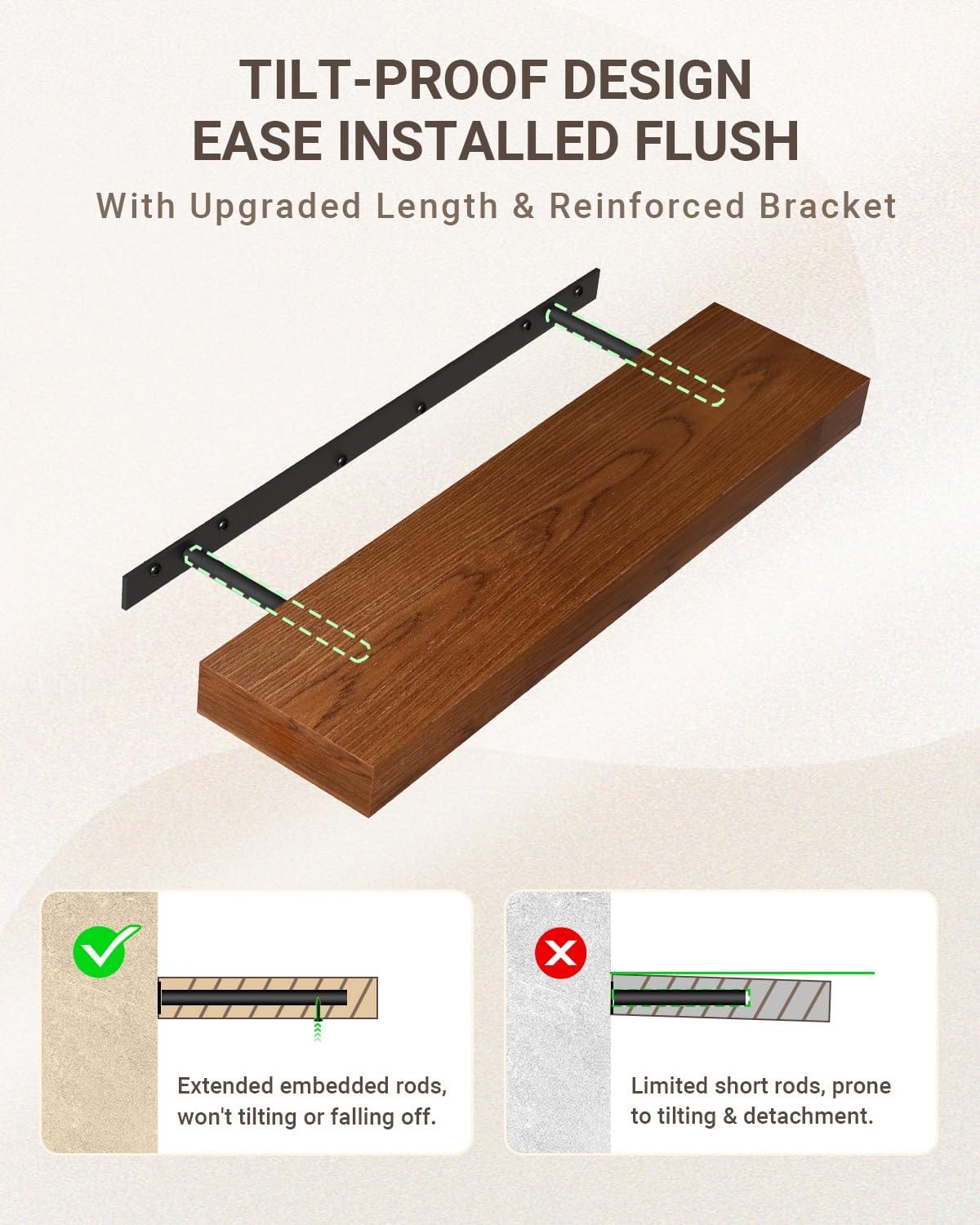 QueenFun Estantes flotantes para pared, estantes flotantes de madera más profundos y gruesos, 2 estantes de baño de 15 pulgadas para pared de