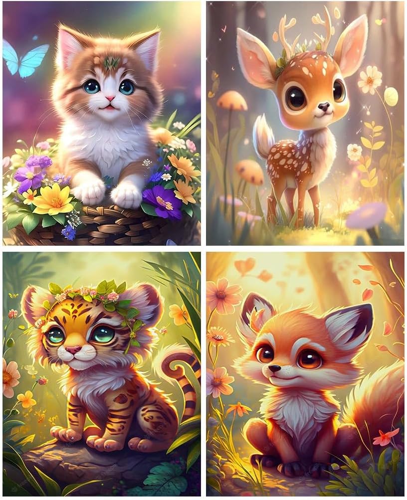 Meothan Kit de 4 piezas de pintura de diamantes de animales, kits de arte de diamantes de zorro para adultos principiantes, kits de pintura de