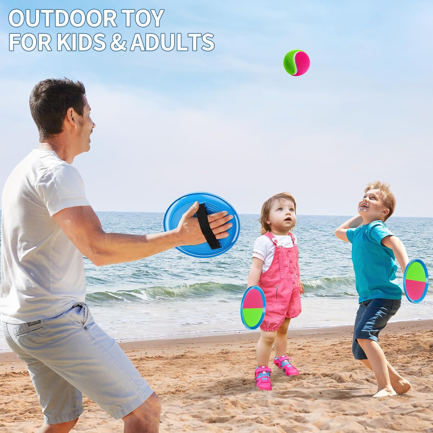 TEMI Juego de lanzar y atrapar para niños de 3, 4, 5, 6, 7, 8, 9, 10, juguetes al aire libre, juegos de captura de bolas con 4 palas, 4 bolas,
