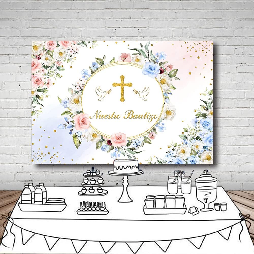 MEHOFOND Telón de fondo Nuestro Bautizo de 10 x 7 pies para niños y niñas, color rosa pastel, azul, floral, bautismo, primera comunión, fondo de