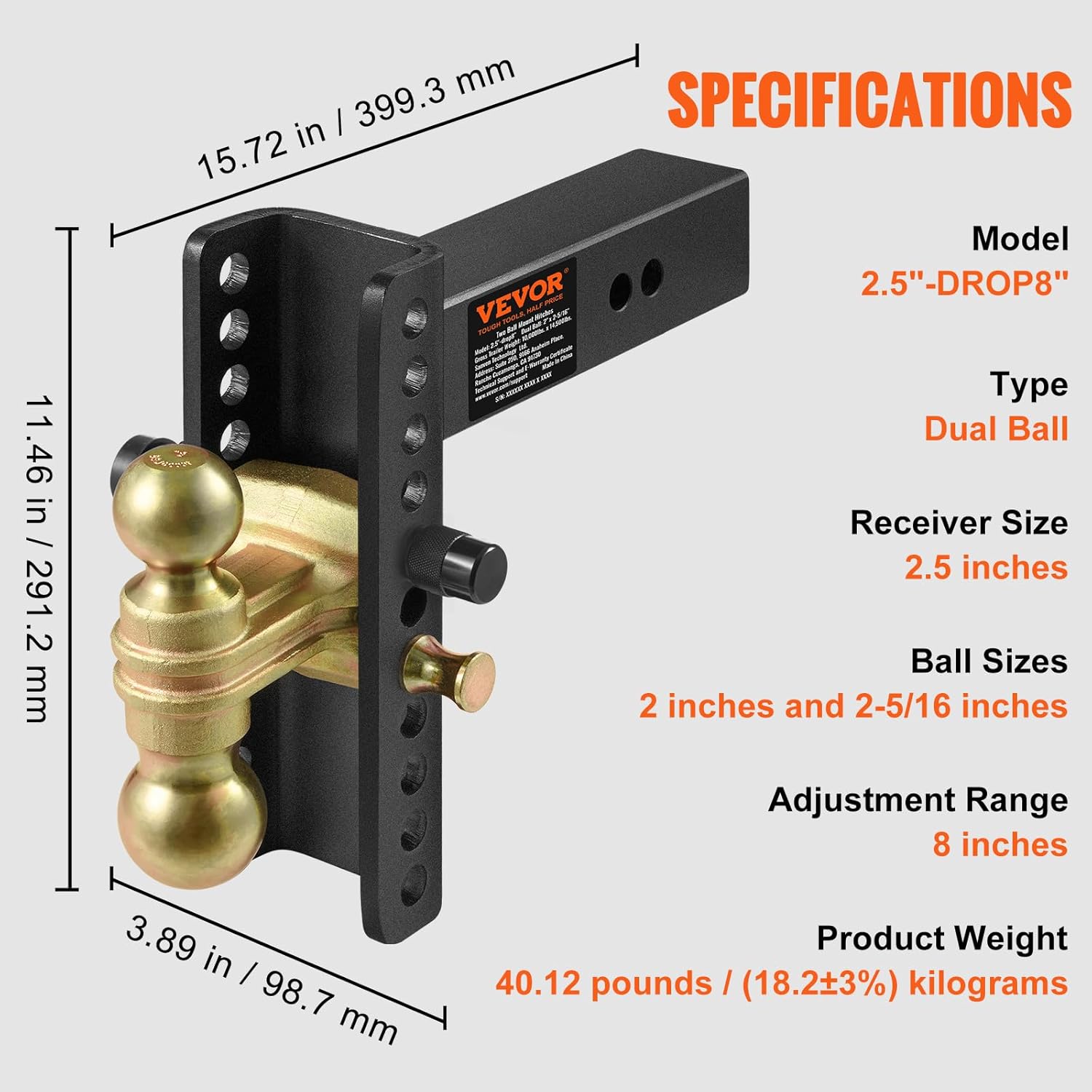 VEVOR Enganche de remolque ajustable, caída de 8 pulgadas y montaje de bola de enganche de elevación de 6.5 pulgadas con receptor de 2.5 pulgadas,