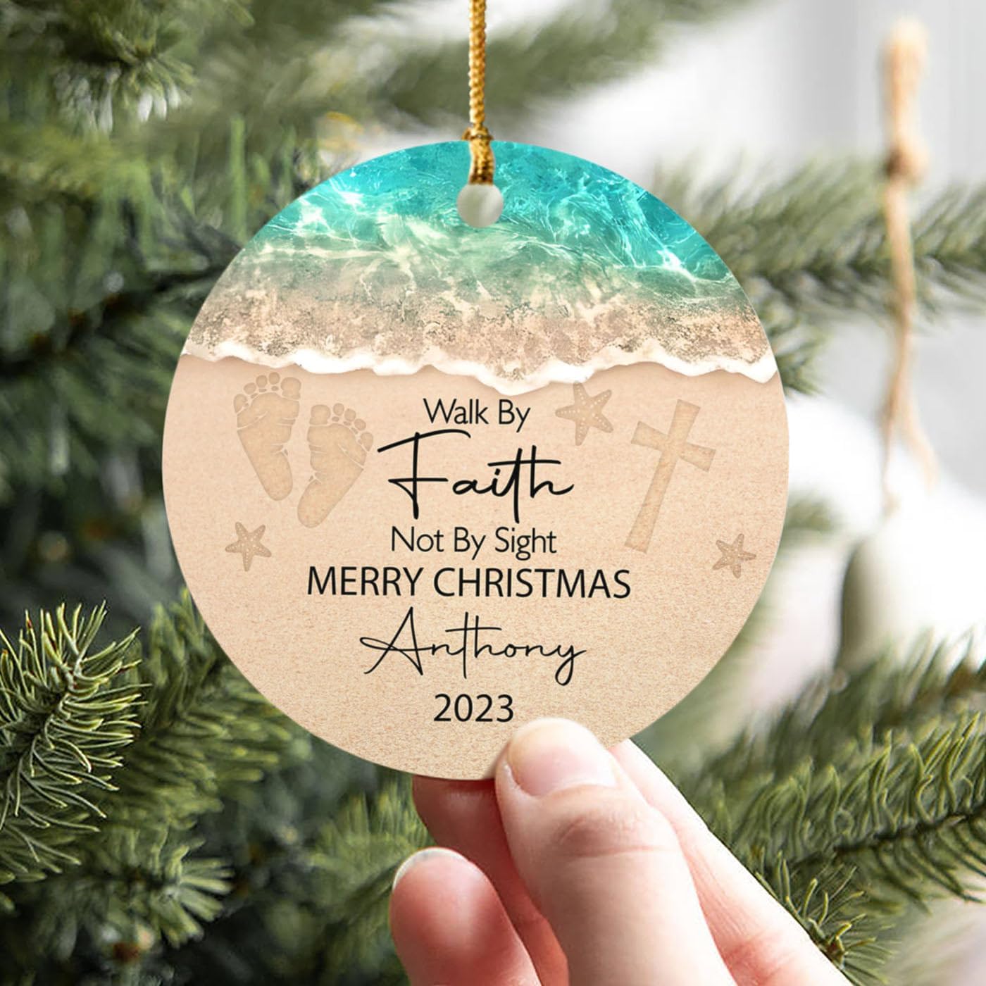 Walk by Faith Not by Sight – Adorno de Navidad con nombre personalizado, adorno de Navidad de Dios Jesús 2024, adorno personalizado de Feliz