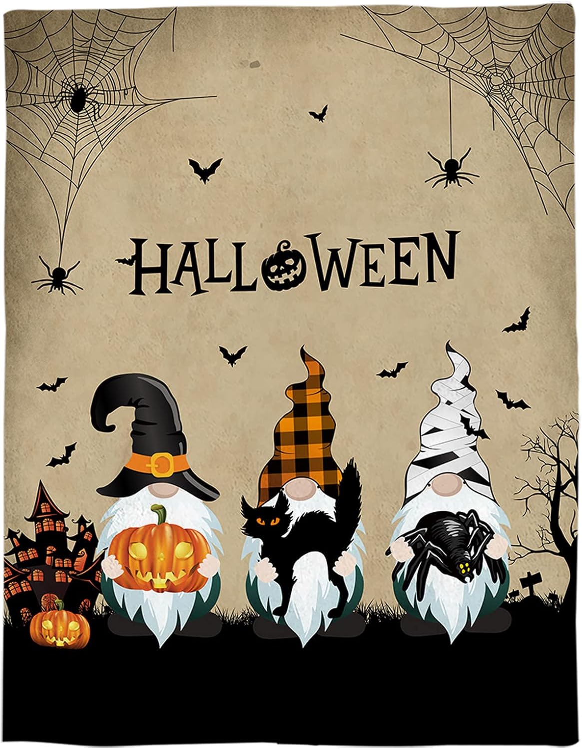 Manta de gnomo de franela súper suave, manta de murciélago de Halloween con diseño de gato negro, manta ligera y acogedora de microfibra de felpa