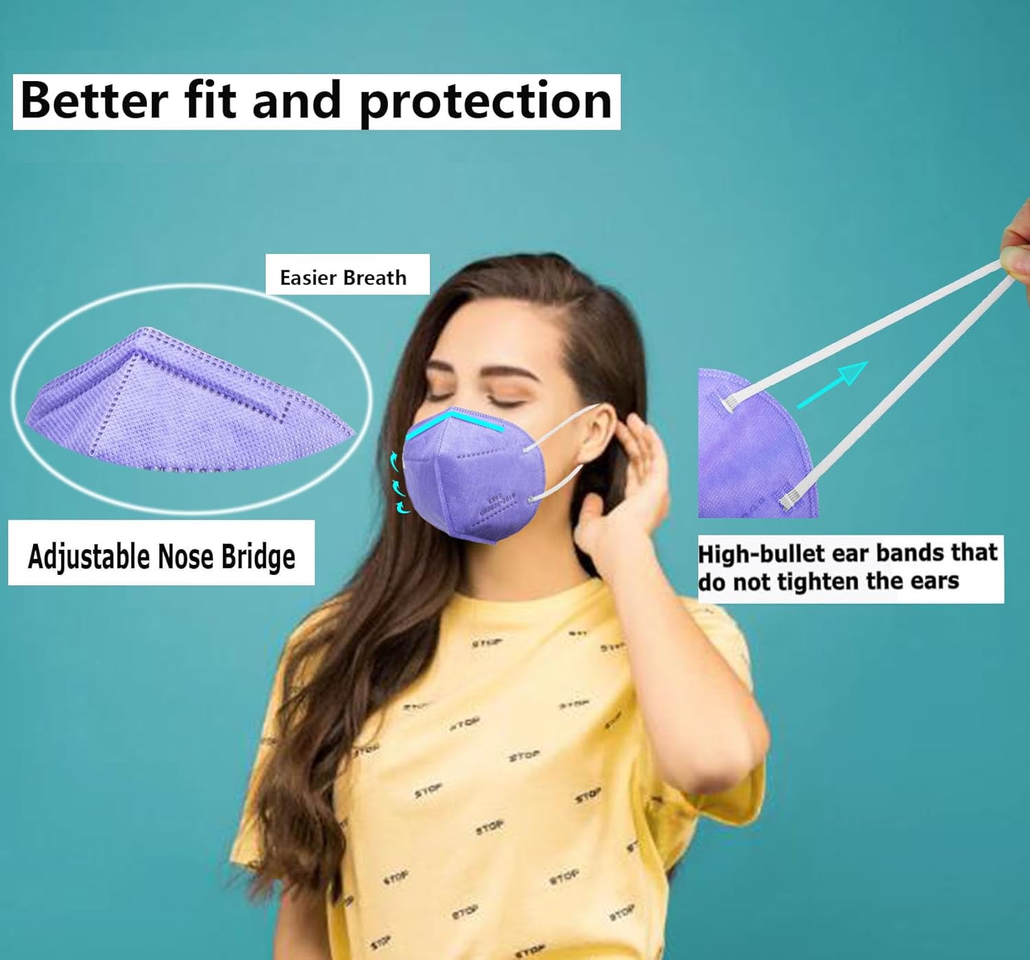 Mascarilla KN95, 50 unidades, envueltas individualmente, mascarillas desechables de 5 capas moradas para adultos, eficiencia del filtro del 95 %,