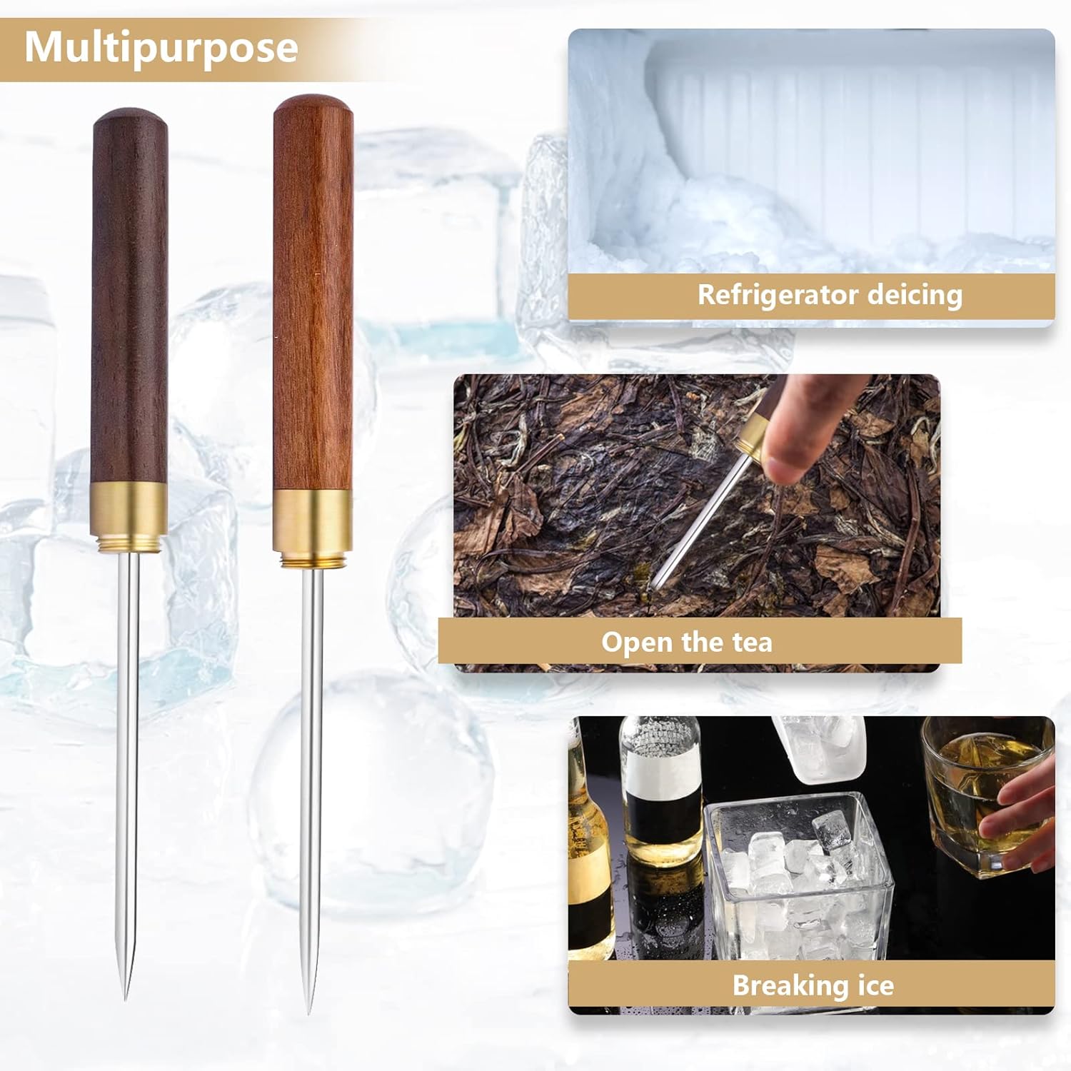 Palillos de hielo de 9 pulgadas con mango de madera de acero inoxidable con cubierta para cocina, bares, camareros, pícnics, camping y restaurante
