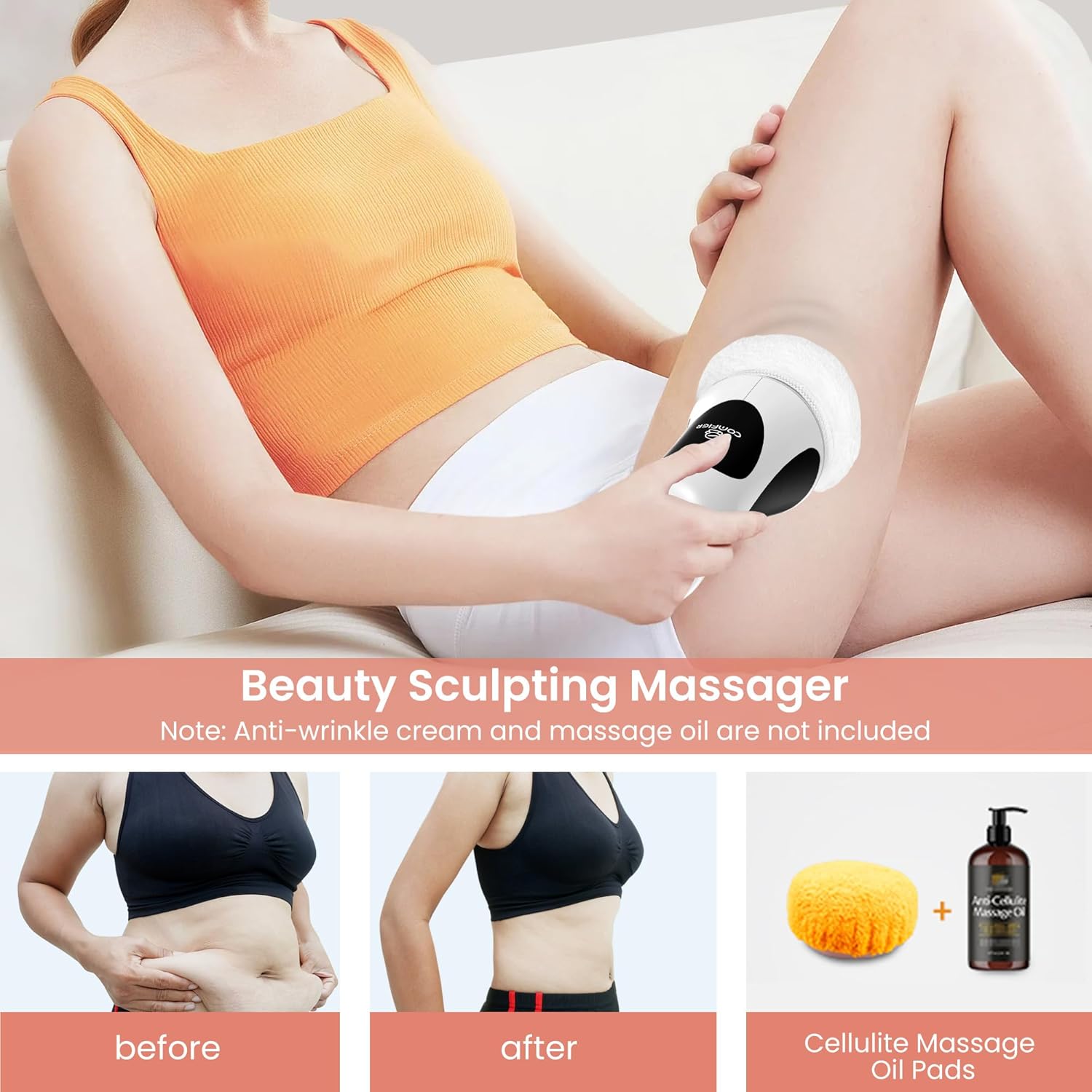 COMFIER Removedor de masajeador de celulitis, máquina de moldear el cuerpo con 5 cabezales de masaje y 6 almohadillas lavables, máquina de