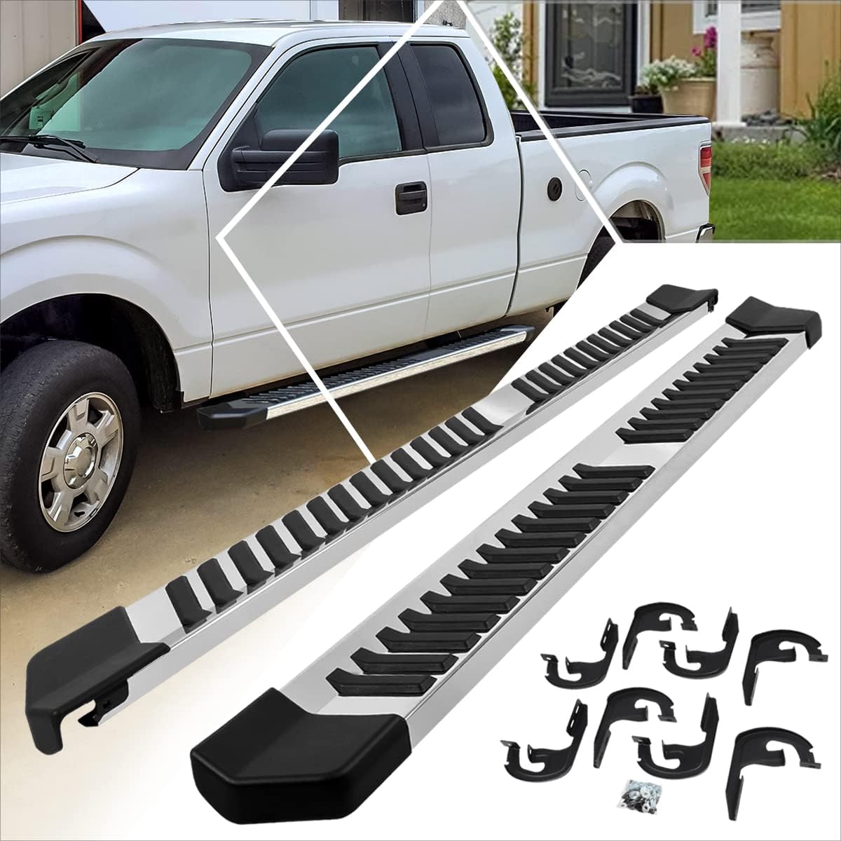 PM PERFORMOTOR Estribos de barra lateral de acero inoxidable plateado de 6 pulgadas compatibles con Ford F-150 Super Cab 2004-2014 (cabina