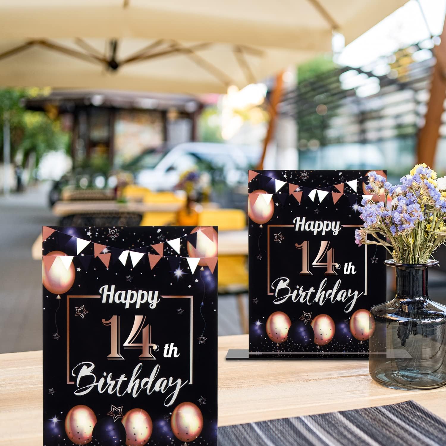 Centros de mesa acrílicos con globos negros y dorados de feliz 14 cumpleaños, 2 unidades de decoración de fiesta de cumpleaños de 14 años,