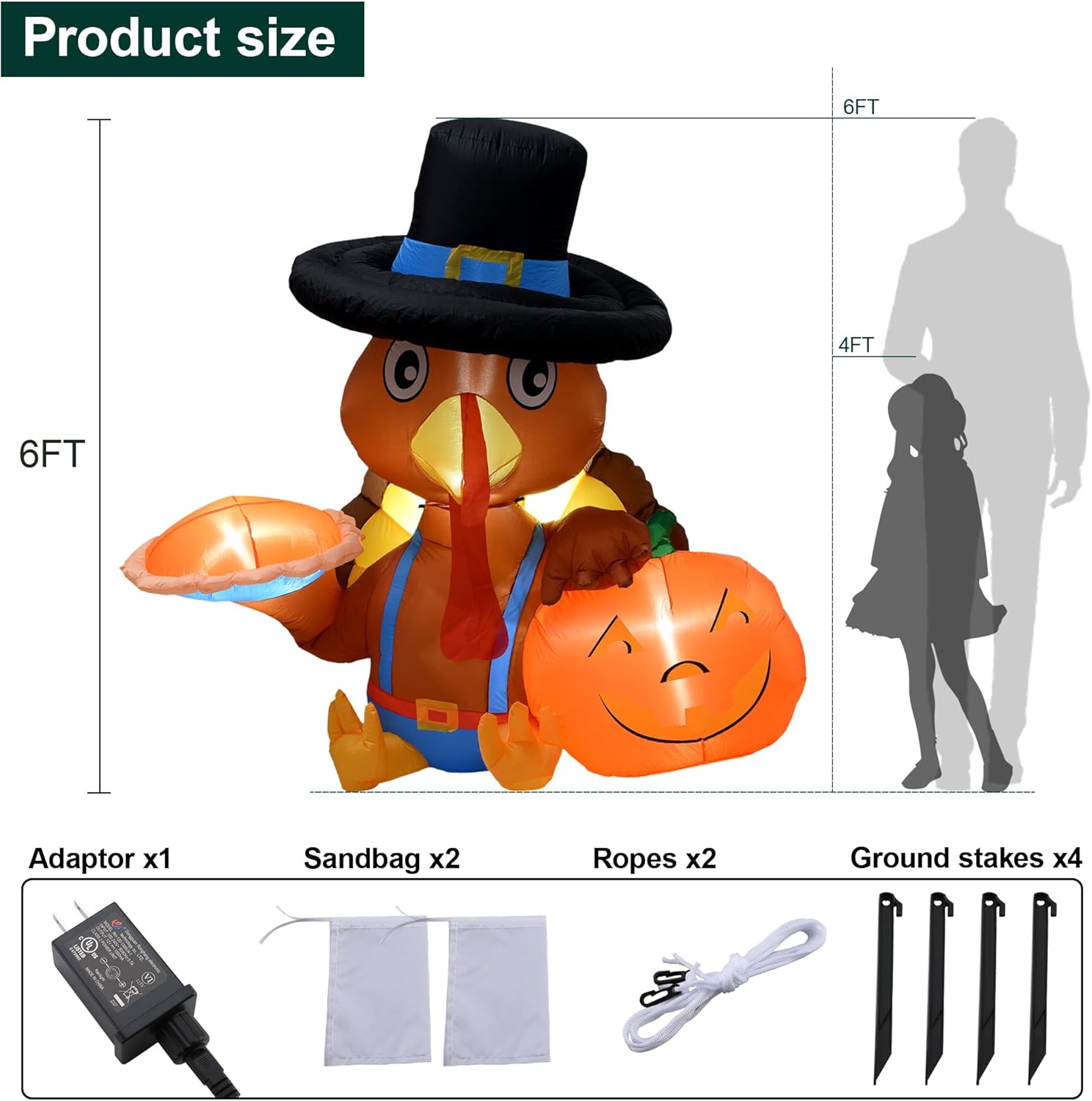 HEISOK Decoraciones inflables de pavo de Acción de Gracias, pavo inflable de 6 pies con calabaza, luces LED integradas, pavo inflable para