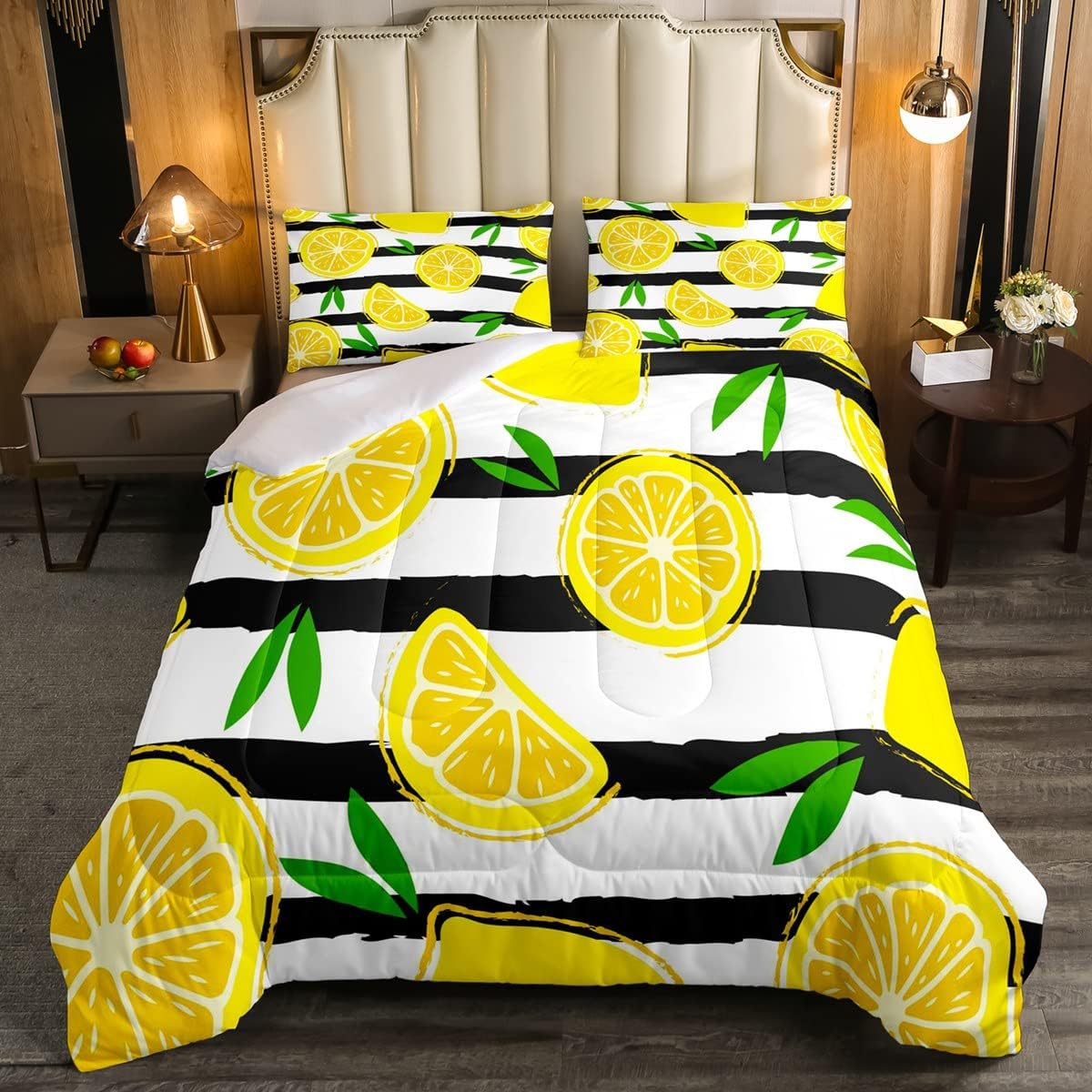 Erosebridal Juego de edredón de limón, juego de ropa de cama de frutas de verano para niños y niñas, edredón geométrico a rayas negras y blancas,