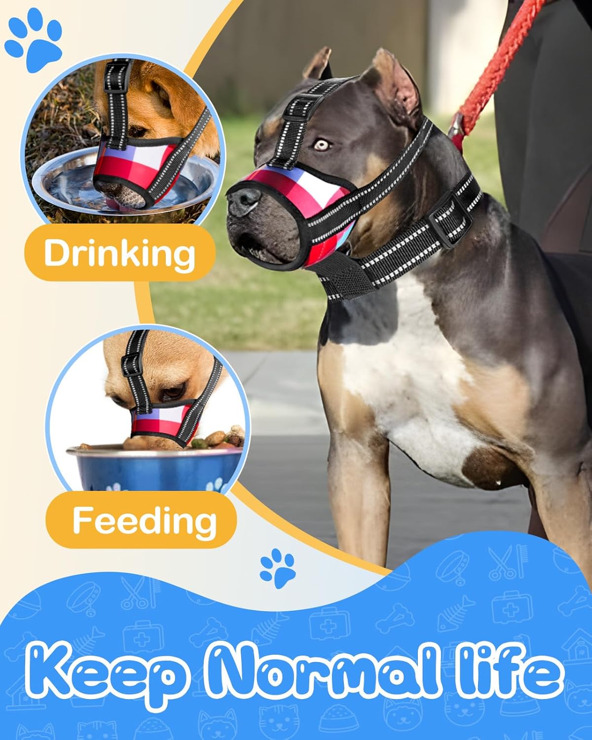Bistup Bozal para perros pequeños, antiladridos, masticar, bozales suaves con tres tiras reflectantes y cuello, permite beber jadear, bozal de tela