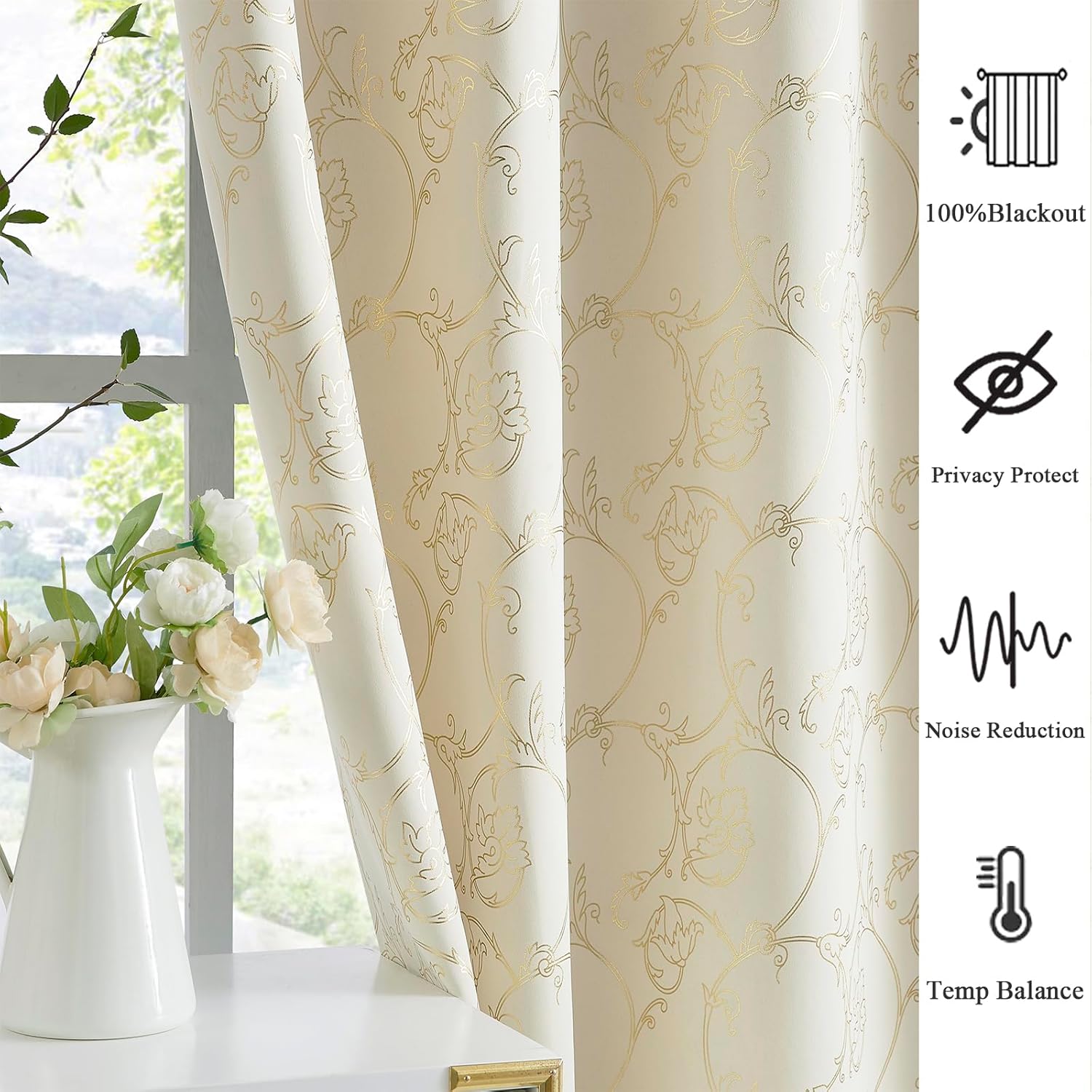 Enactex Cortinas 100% opacas de 84 pulgadas de largo para dormitorio, cortinas con patrón floral dorado para sala de estar, oscurecimiento de la