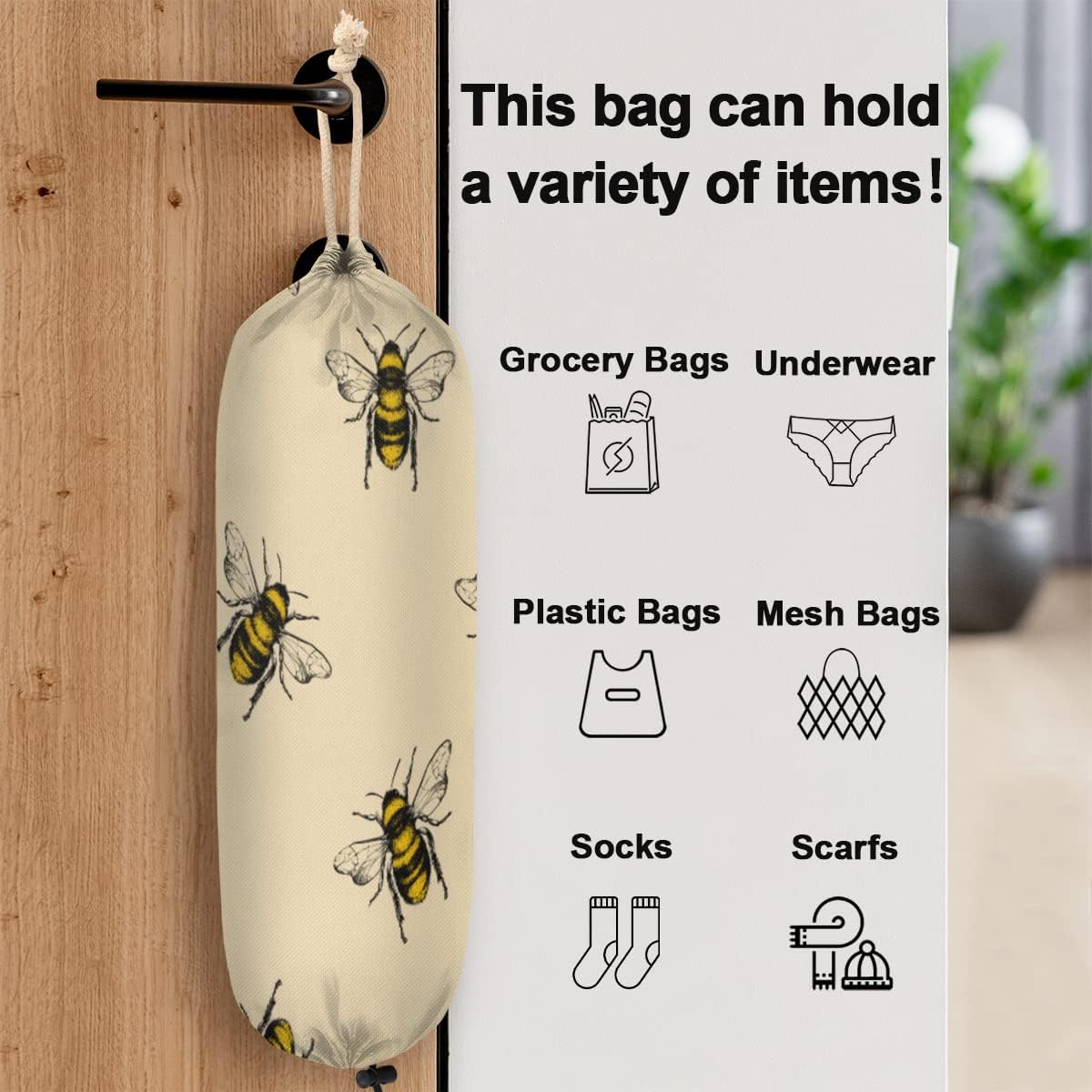 Soporte para bolsas de plástico con estampado de abeja Kawaii para colgar en la pared, organizador de bolsas de basura reutilizable, lavable,